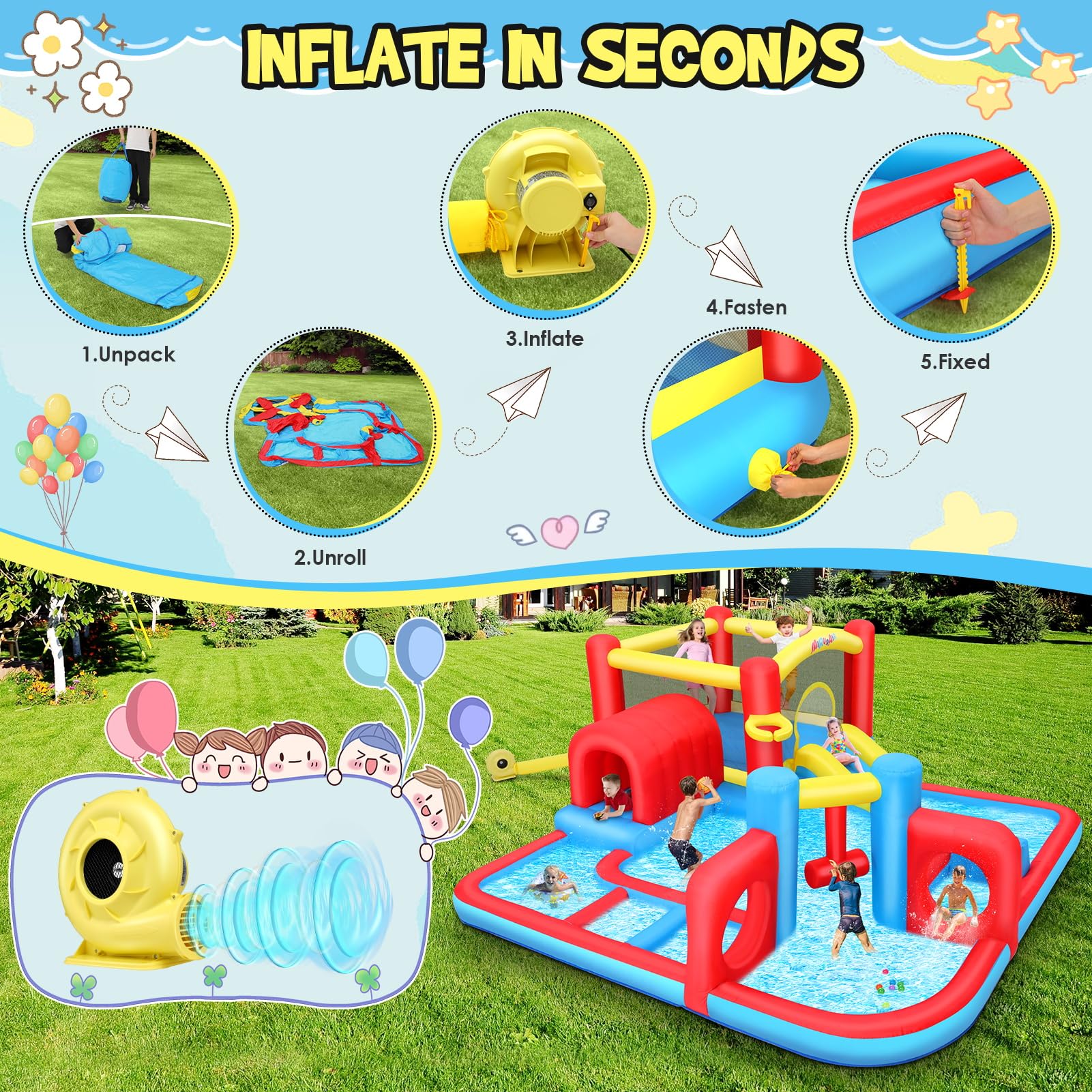 **AKEYDIY Inflatable Bounce House Water Slide with Obstacle Course & Splash Pool - Kids Outdoor Water Park Toy for Backyard, Birthday Parties (Ages 3-12) - Includes Blower for Easy Setup | Perfect for Summer Fun, Family Gatherings & Outdoor Play**