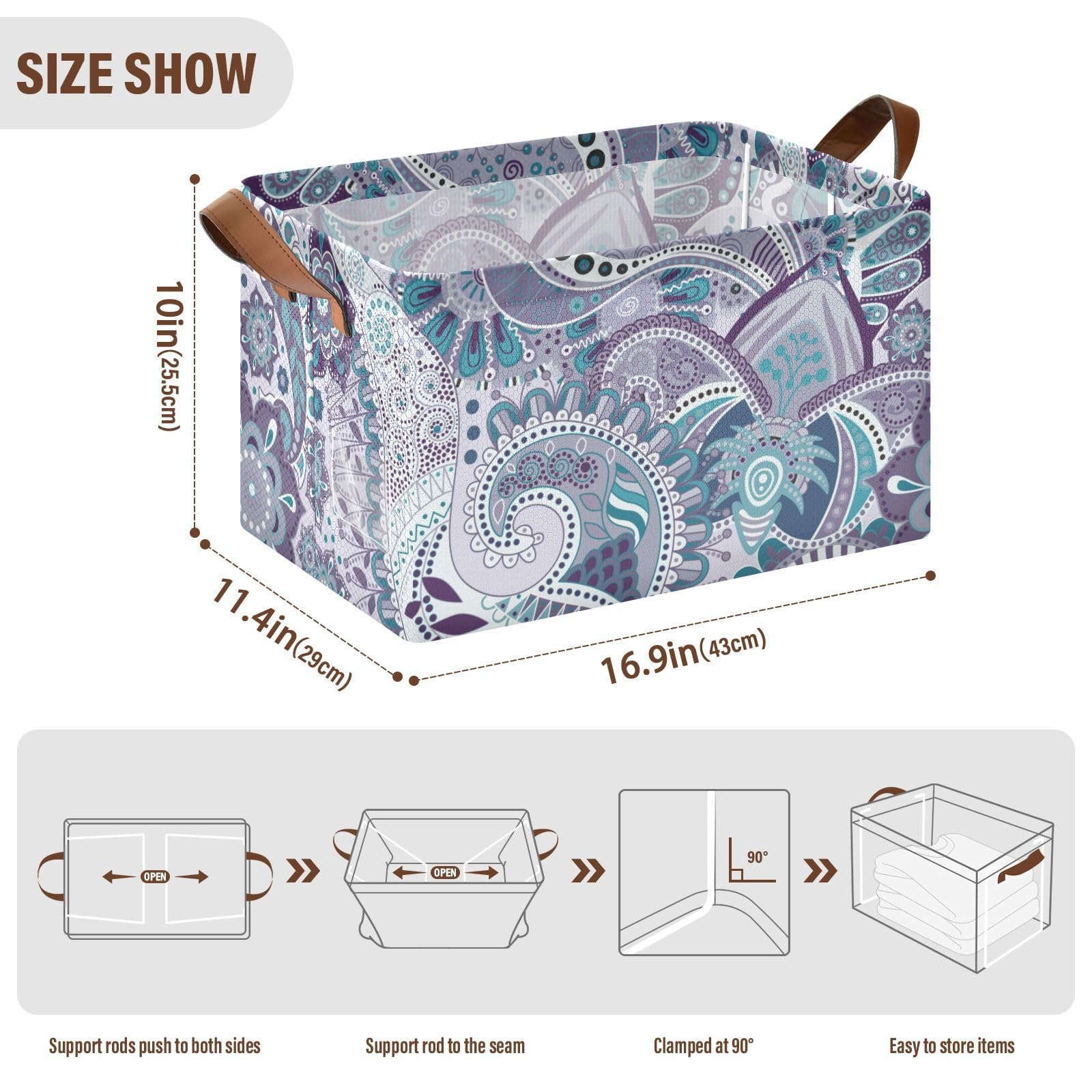 **Paisley Floral Ethnic Light Purple Fabric Storage Baskets with Handles - 2 Pack Organizer Bins for Pantry, Shelves, Drawers, Closet, Office & Classroom - Perfect for Home, Office & Dorm Organization**