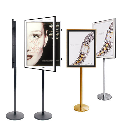 Classic Swing Stand Poster Display with Metal Post - One Sided Swing Open Metal Picture Frame in 4 Sizes (8x10, 11x14, 16x20, 24x36) - Perfect for Retail Stores, Restaurants, Events & Trade Show Displays