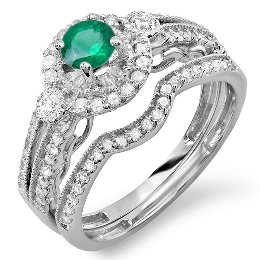 Dazzlingrock Collection 14K Solid White Gold Round Emerald & White Diamond Women's Halo Bridal Engagement Ring Set - Perfect for Proposals, Weddings, Anniversaries & Special Occasions
