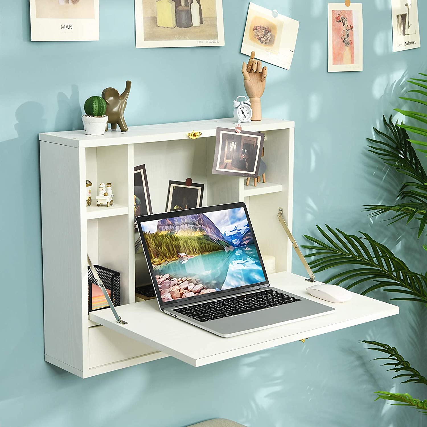 Topment Wall Mounted Folding Desk - Space Saving Home Office Workstation with Storage | White Hanging Laptop Desk for Small Spaces | Perfect for Bedroom, Study & Apartment Workspaces