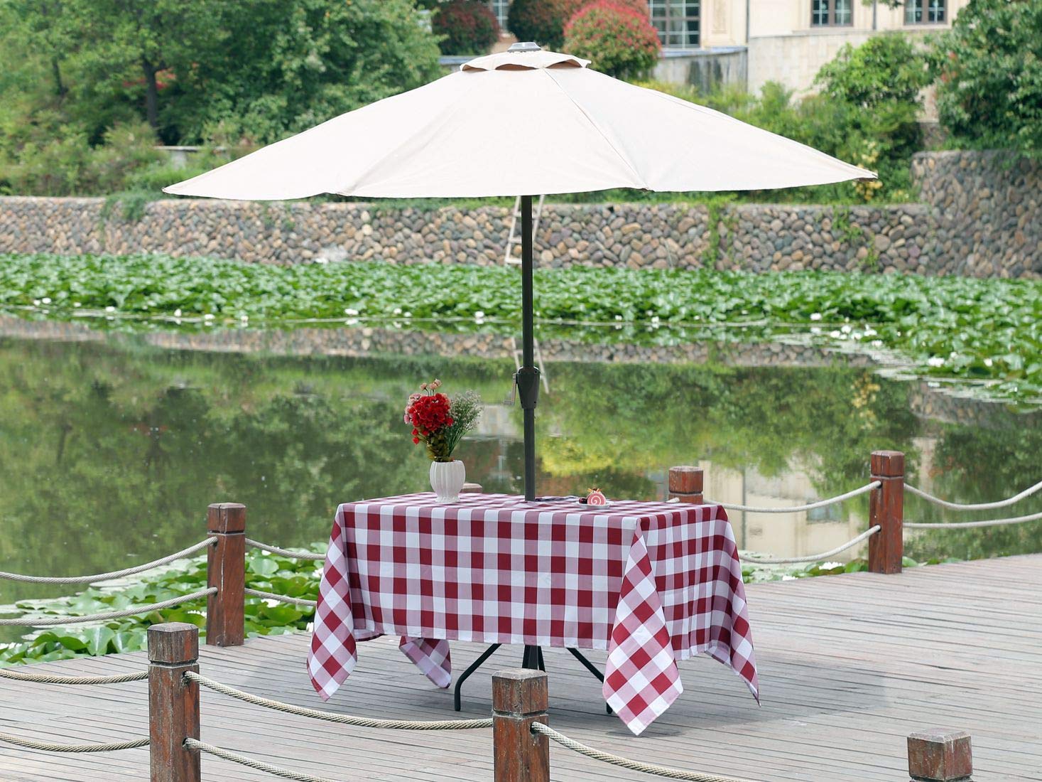 Poise3EHome Waterproof Outdoor Rectangle Tablecloth with Umbrella Hole - Red and White Checkered Picnic Table Cover (60x104 Inches) for Patio, Camping, BBQ & Spring Parties