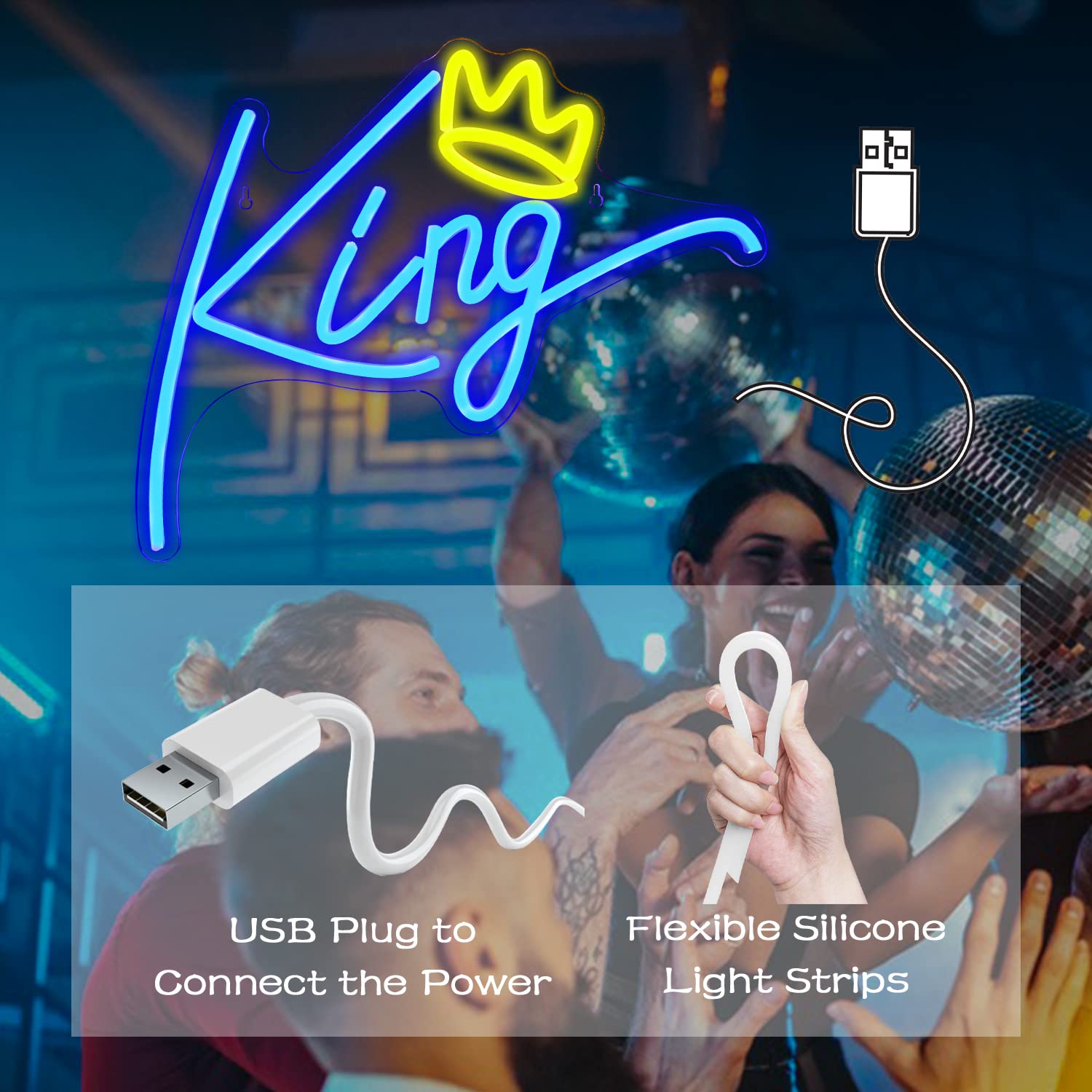 WLHOPE King Neon Sign LED Crown Mood Light - Blue LED Neon Light for Bedroom, Wall Decor, Wedding, Party, Kids Room - USB Powered Acrylic Night Light for Home, Bar, Cafe, Shop Windows - Perfect for Birthday Gifts, Themed Events & Romantic Ambiance