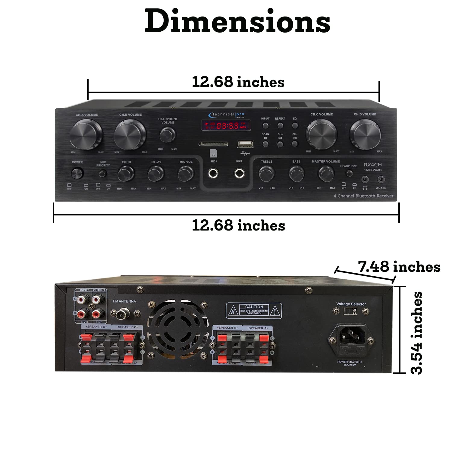 Technical Pro 1600W 4-Channel Bluetooth Stereo Receiver with RCA, USB, SD, AUX & Dual Mic Inputs - Home Theater Audio System, Karaoke Machine & Multi-Zone Speaker Control for Parties, DJ Setup & Entertainment