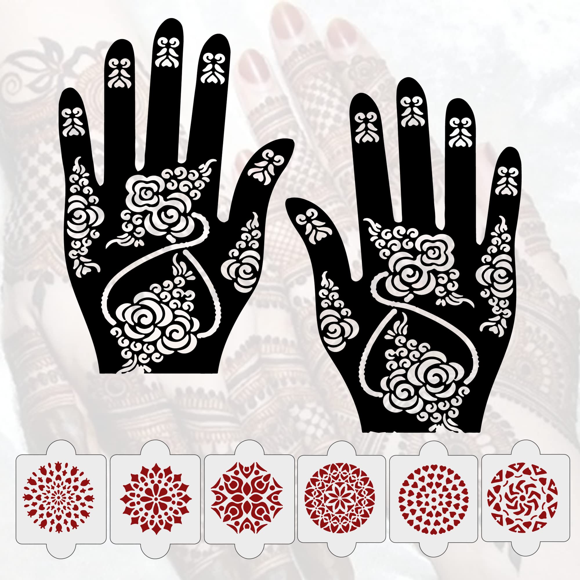 8-Piece Henna Tattoo Stencil Kit - 2 Henna Stencil Tattoos + 6 Reusable PVC Laser-Cut Stencils for Women, Girls & Kids | Easy Application Mehandi Stickers for Full Hand Designs | Perfect for Weddings, Festivals & DIY Body Art