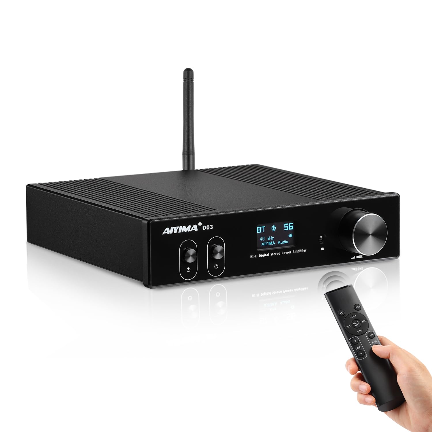AIYIMA D03 Bluetooth 5.0 Stereo Amplifier - 150W x 2 HiFi Power Amp with DAC, 24Bit/192kHz, USB/Coaxial/Optical Inputs, OLED Display, AptX HD, Remote Control - Perfect for Home Theater, Music Studio & Subwoofer Systems