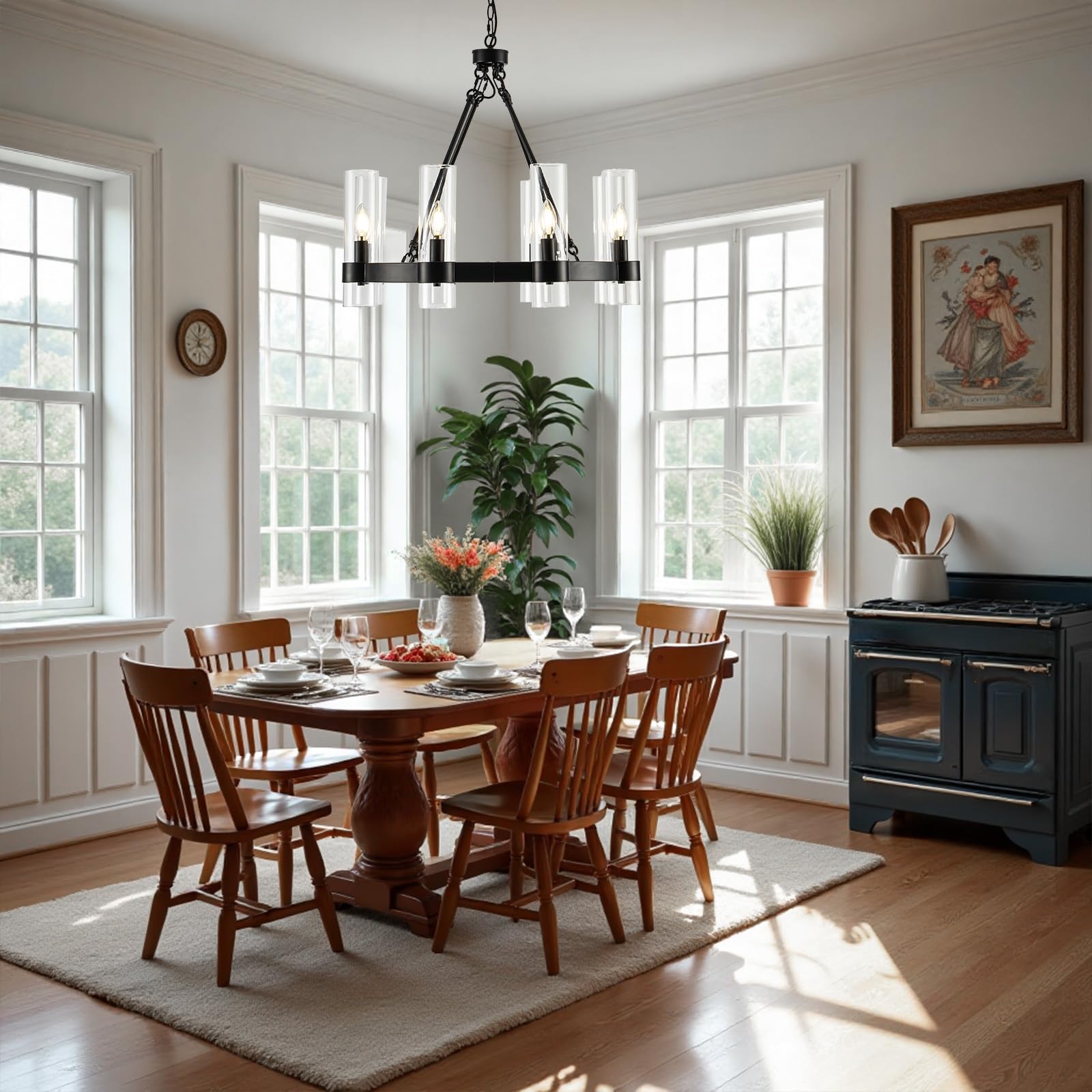 MAYNA 26 Inch Black Wagon Wheel Chandelier with Glass Shade - 8 Light Modern Farmhouse Ceiling Light Fixture for Dining Room, Kitchen, Entryway - Perfect for Rustic Home Decor & Country Style Interiors