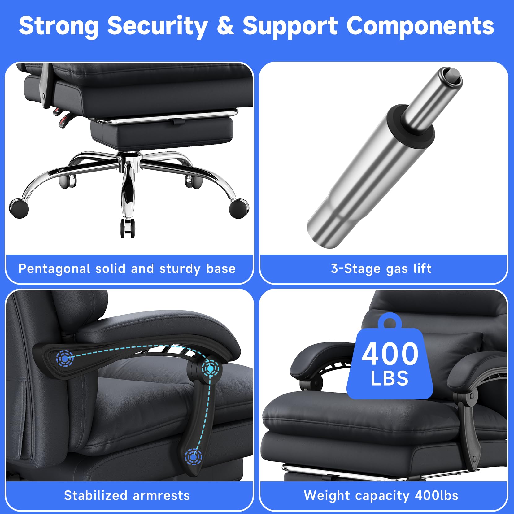 Ergonomic Big and Tall Office Chair - 400LBS Weight Capacity PU Leather Executive Desk Chair with Adjustable Lumbar Support & Footrest - Perfect for Home Office, Gaming, and Professional Workspaces (Black)