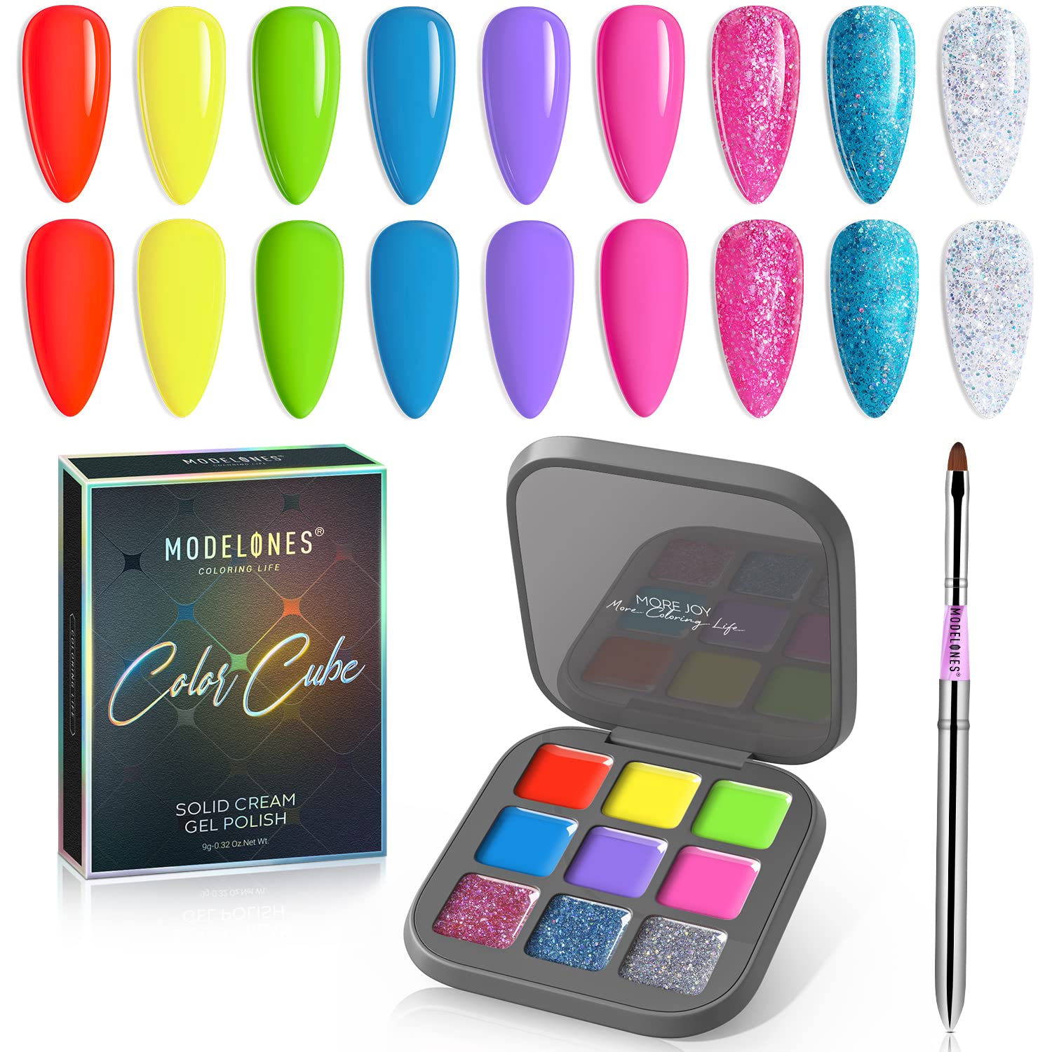 MODELONES 9 Colors Gel Nail Polish Set - Bright Neon, Hot Pink Glitter & Crème Soak Off LED Gel for Manicure | Salon Quality DIY Nail Art Kit with Pro Brush | Perfect for Home Nail Care, Parties & Special Occasions