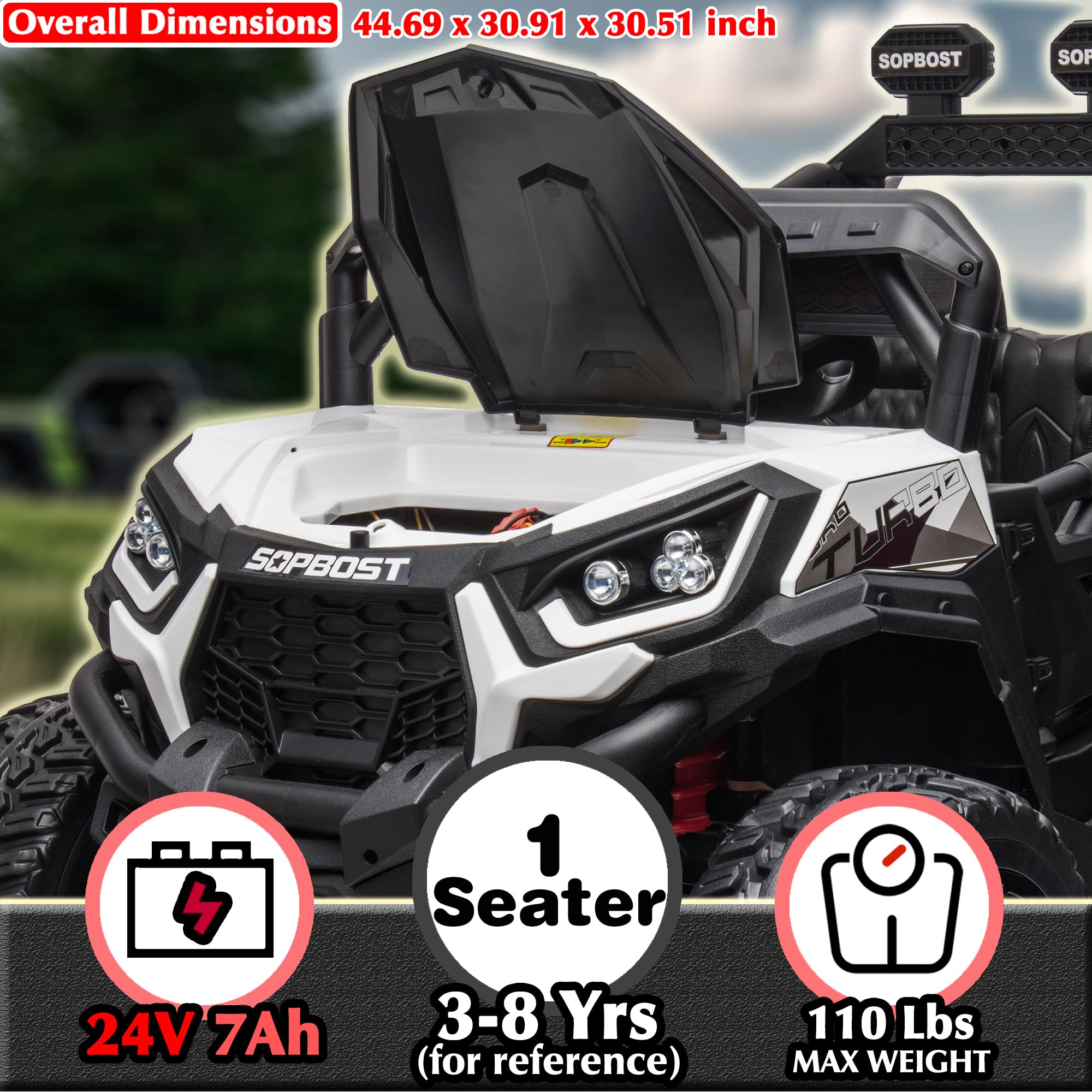 24V 7Ah Battery Powered Ride On Car with Remote Control - 4x4 Electric UTV for Big Kids | EVA Tires, Music Player, White | Perfect for Outdoor Play, Backyard Adventures & Birthday Gifts