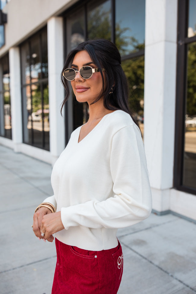 Honest Ivory V-Neck Sweater for Women - Soft & Cozy Knit Pullover - Perfect for Fall & Winter Layering