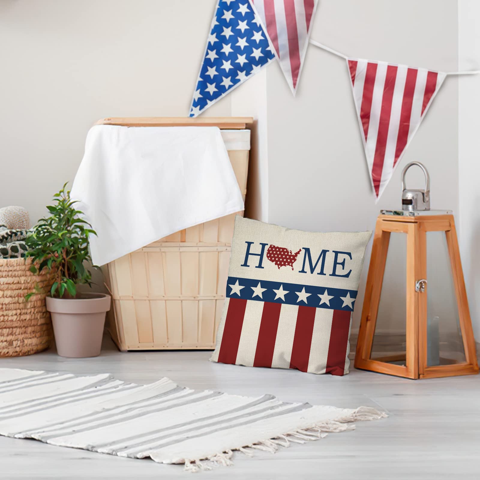 4th of July Patriotic Throw Pillow Covers 18x18 Inch Set of 4 - USA Flag Star Stripe Design with 'God Bless America' & 'Est.1776' - Perfect for Sofa, Couch, Bedroom Decor & Independence Day Celebrations