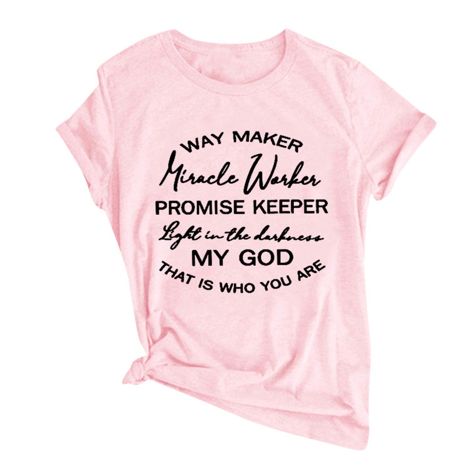 Christian T-Shirts for Women - Vintage Letter Print Prayer Tee with 'Way Maker Miracle Worker Light in The Darkness' Design - Soft Pink Faith Apparel for Church, Bible Study & Daily Inspiration