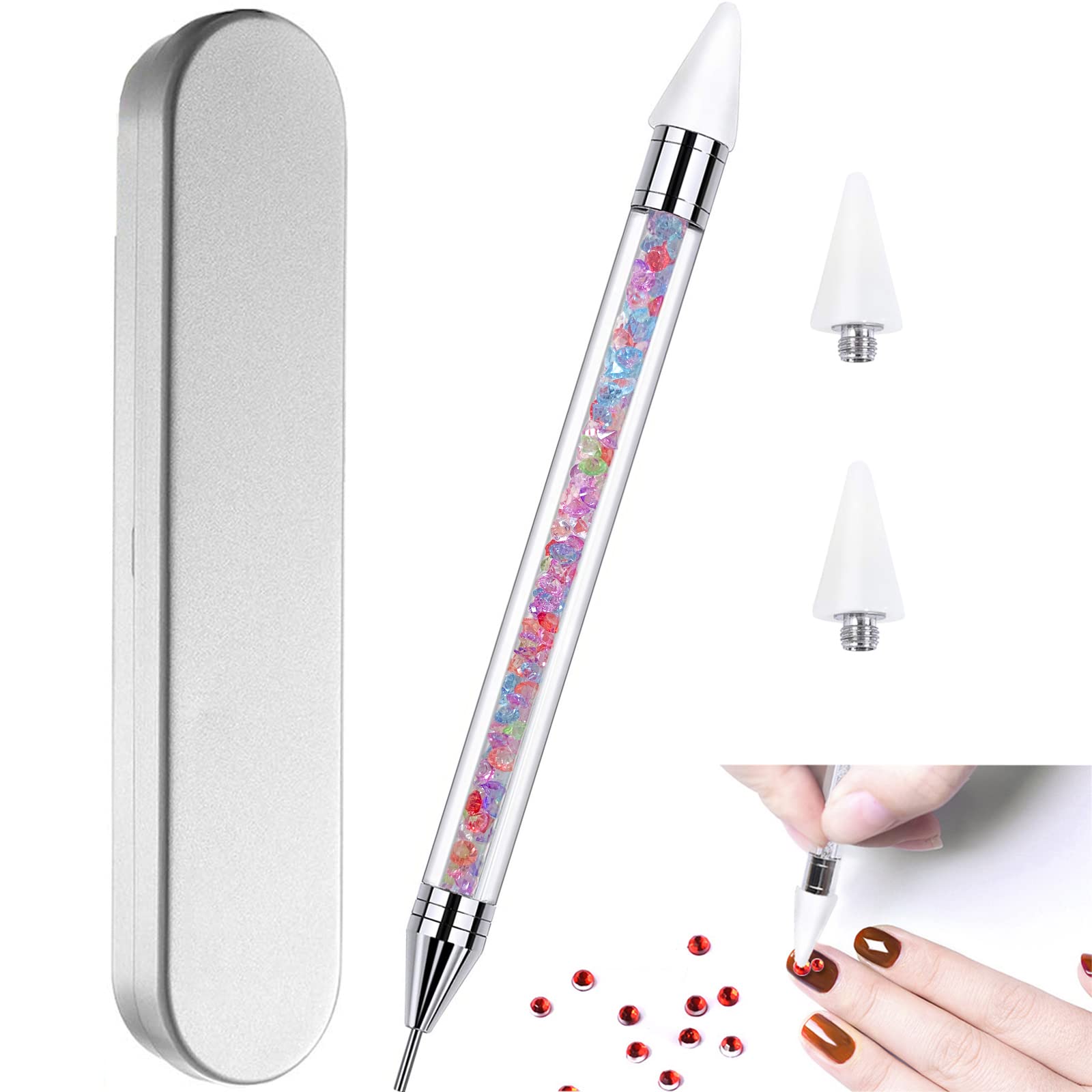 Dual-Ended Nail Rhinestone Picker & Dotting Tool with Extra 2 Wax Heads - Pink Acrylic Handle for DIY Nail Art, Manicure & Pedicure - Perfect for Salon Professionals & Home Nail Design