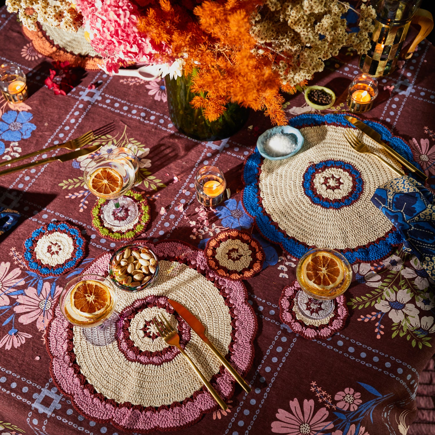 Handmade Hema Crochet Placemat Set - 6-Piece Boho Table Mats for Dining Table Decor, Farmhouse Kitchen, and Wedding Party Settings