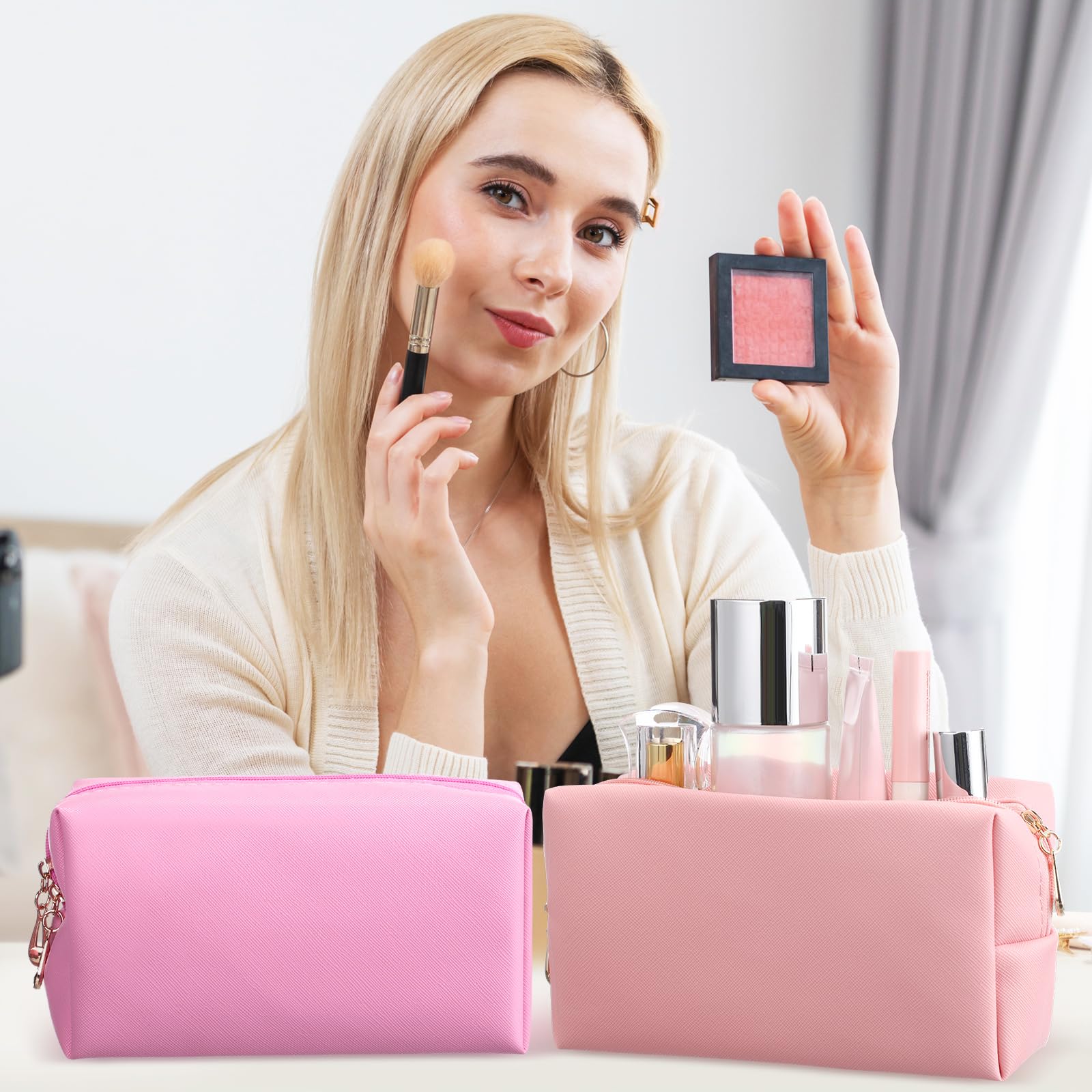 15 Pcs PU Leather Makeup Bags - Waterproof Cosmetic Pouches for Women Travel & Party Gifts (Pink Purple)