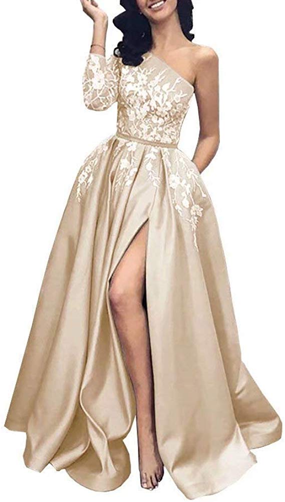 Elegant Long Sleeve Lace Prom Dress with One Shoulder & High Slit - Formal Evening Gown for Homecoming, Ball, Wedding & Special Occasions