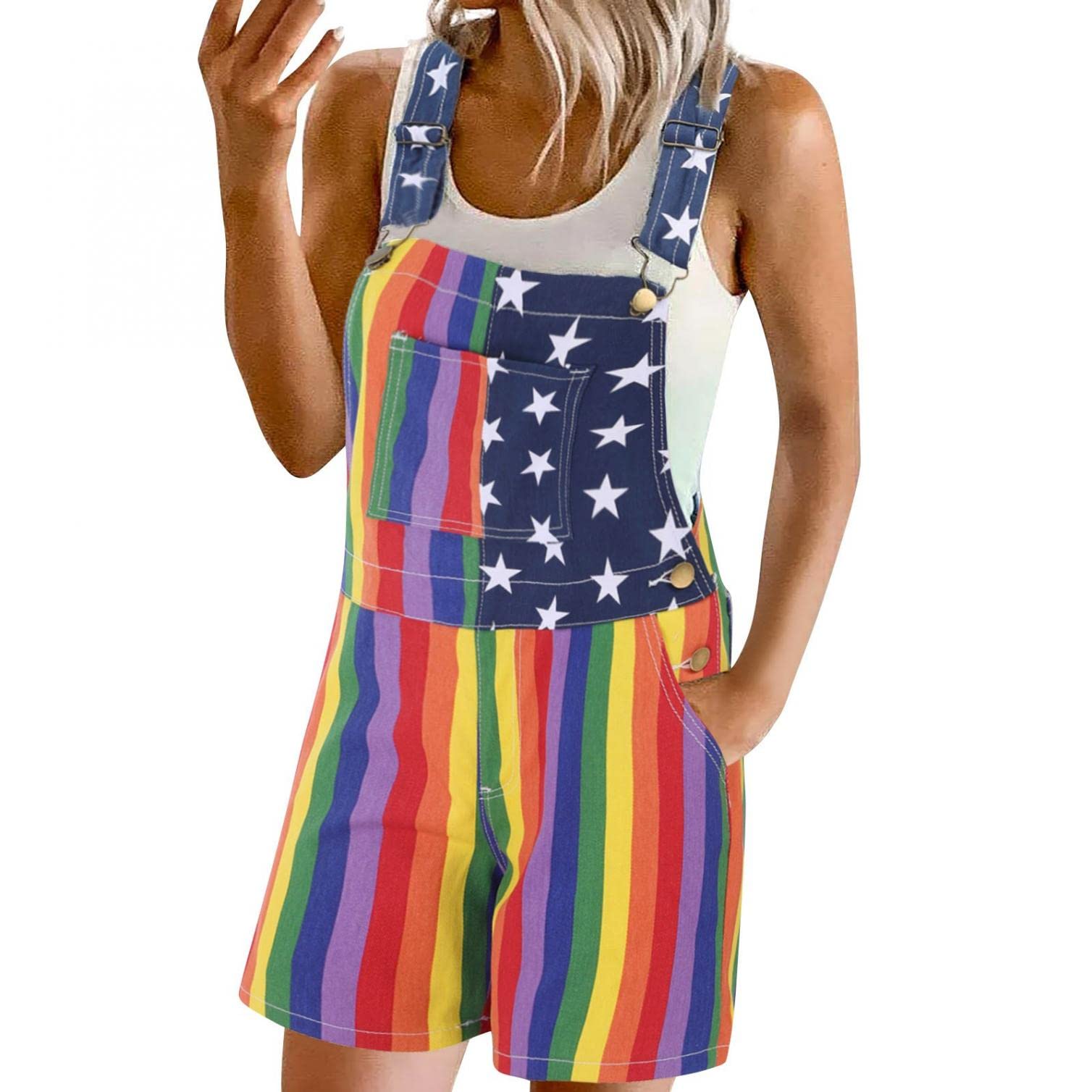 LEIYAN Women's American Flag Distressed Denim Romper - Adjustable Strap Stretch Jumpsuit (Sizes S-5XL) | 4th of July Outfit, Casual Summer Wear, Patriotic Fashion