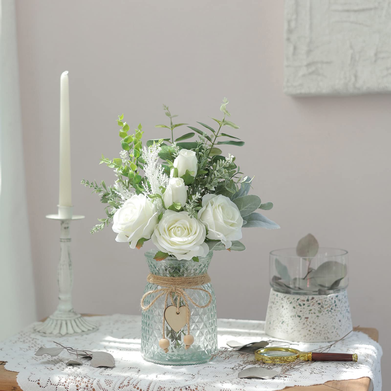 Artificial Silk Roses in Vase - Home & Office Decor for Farmhouse, Bathroom, Dining Table