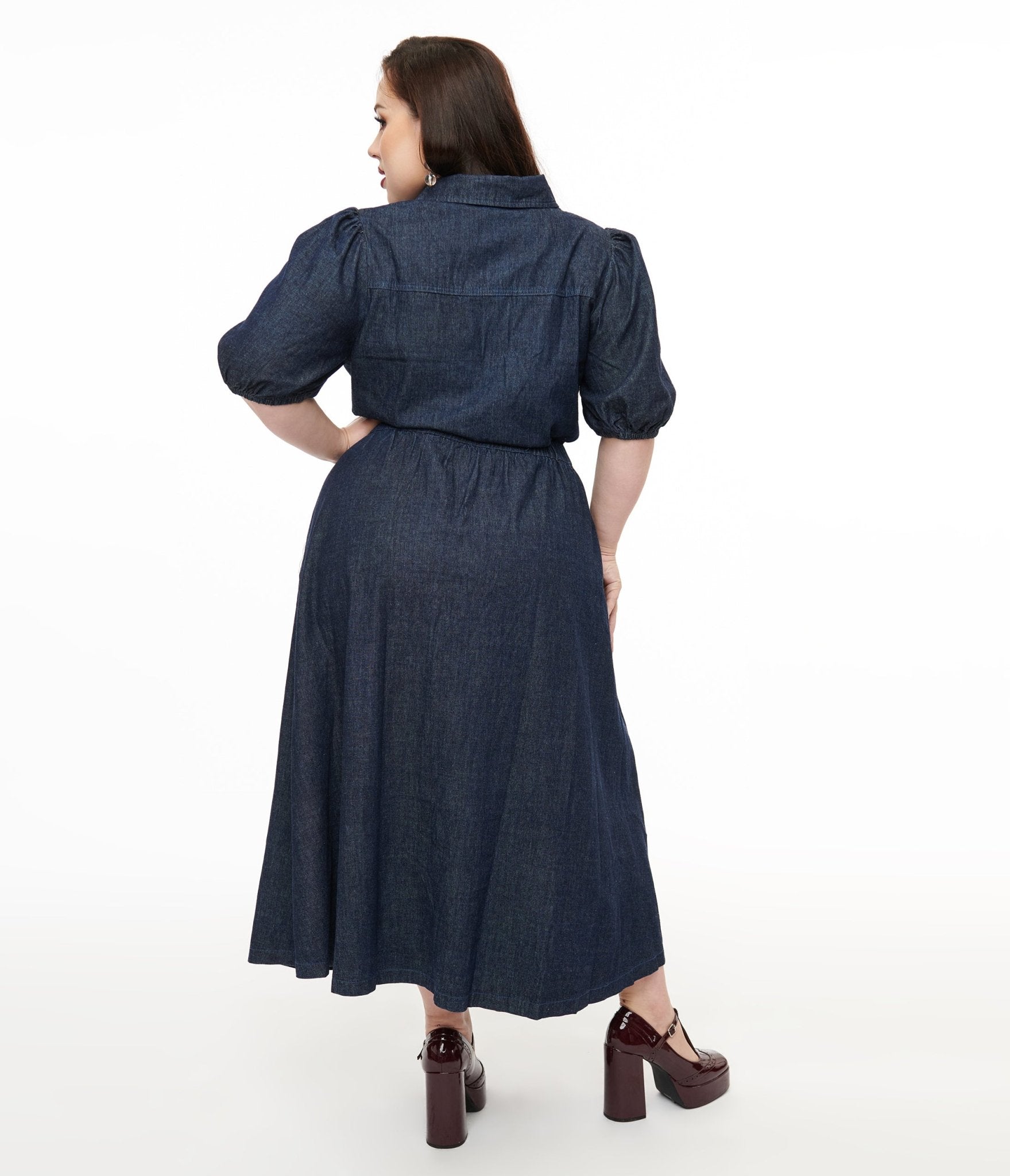 Plus Size Blue Denim Midi Dress for Women - Comfortable & Stylish Casual Outfit for Work, Date Night or Weekend Brunch