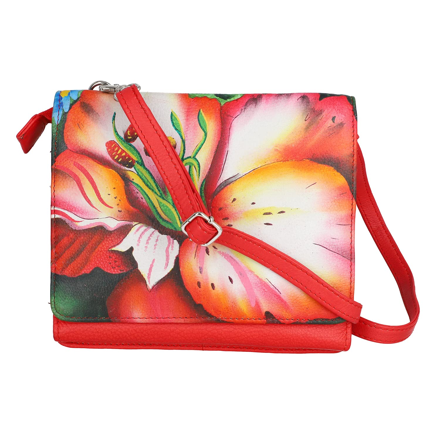 SUKRITI Hand Painted Leather Crossbody Bag for Women - Floral Design with Zipper Closure - Perfect Mother's Day Gift, Date Night & Travel Accessory