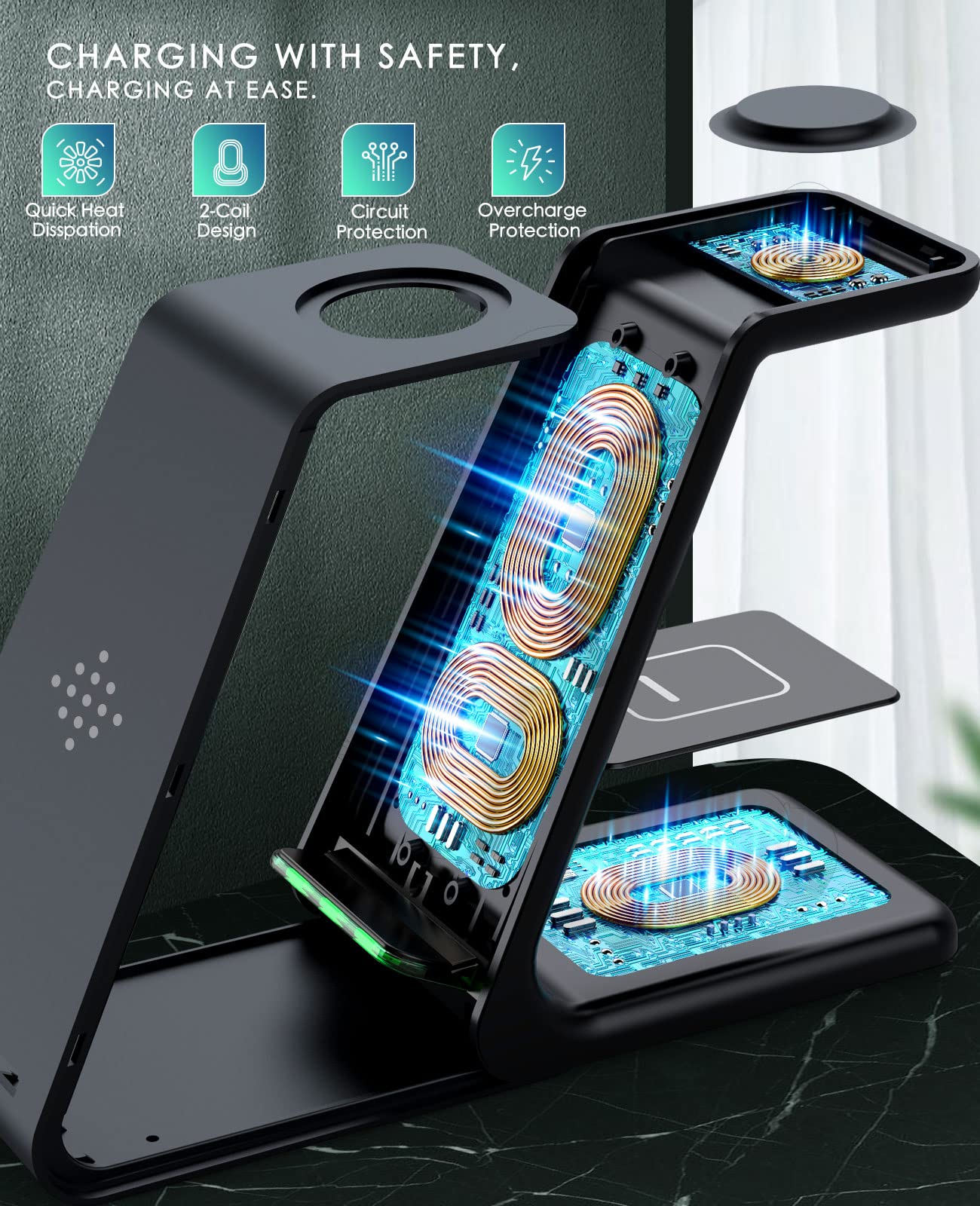 3-in-1 Fast Wireless Charging Station for iPhone 15/14/13/12/11 Pro Max/X/Xs/8/8 Plus, AirPods Pro/3/2 & Apple Watch Series 9/8/7/6/5/SE/4/3/2 - Sleek Black Charging Stand for Bedside, Office & Travel Use