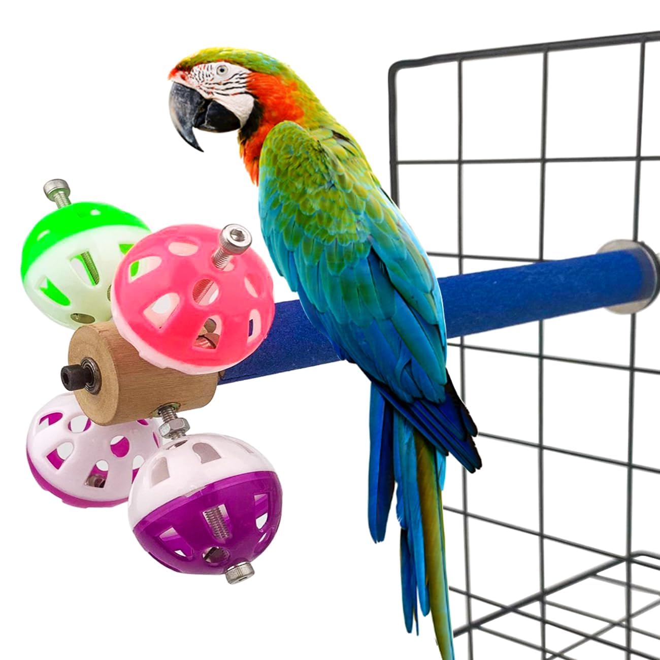 FlidRunest Natural Wood Perch Toy with Rotating Balls for Parrots - Rough Textured Bird Perch Stand with Bell Balls for Budgies, Parakeets, Cockatiels, Lovebirds & Conures - Perfect for Cage Climbing, Chewing & Playtime