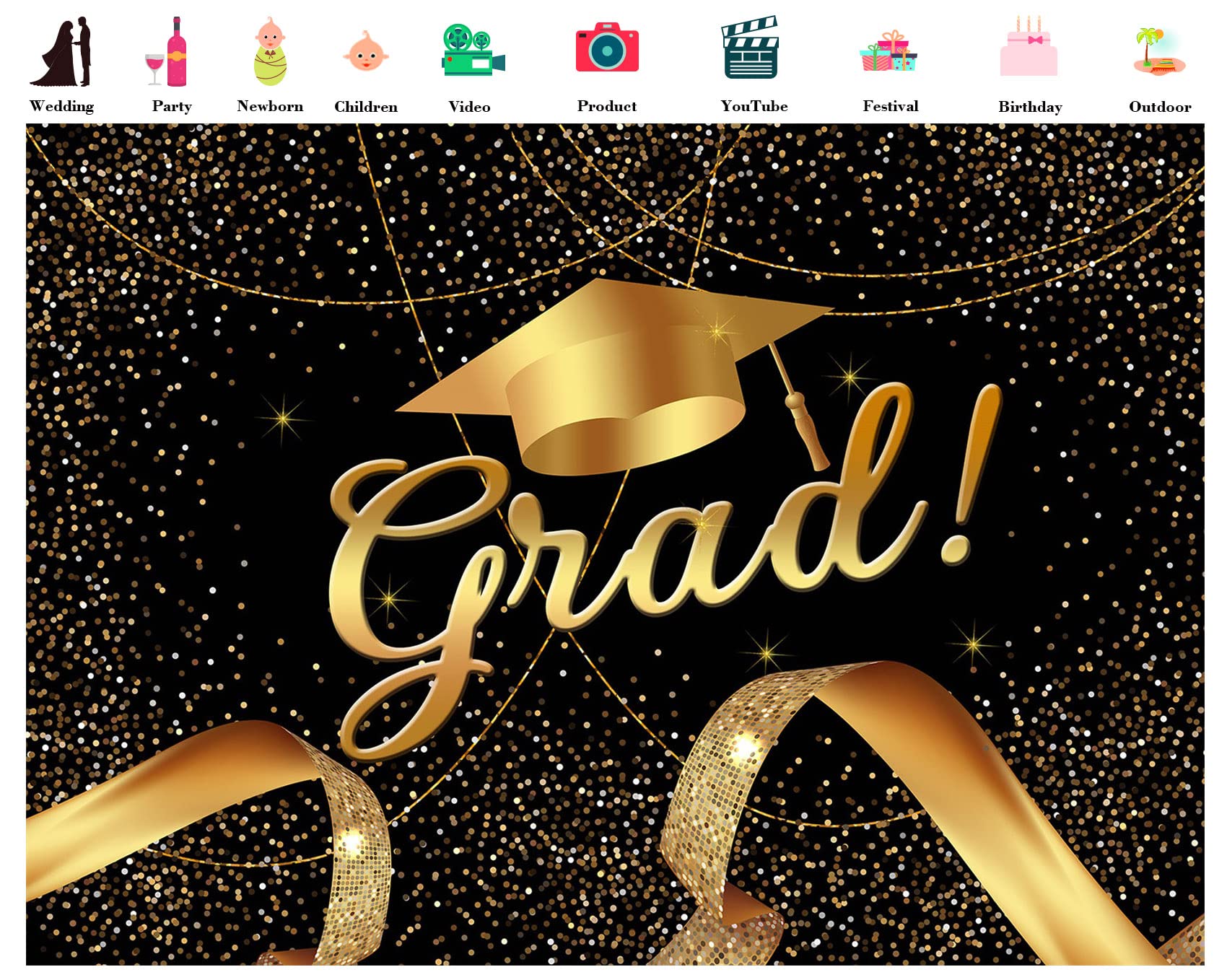 LB 7x5ft Black and Gold Graduation Backdrop - Glitter Ribbon Photo Background for Class Prom, Baby Shower, Birthday Party & Studio Photography | Perfect for Graduation Celebrations, Kids Events & Photo Booth Props