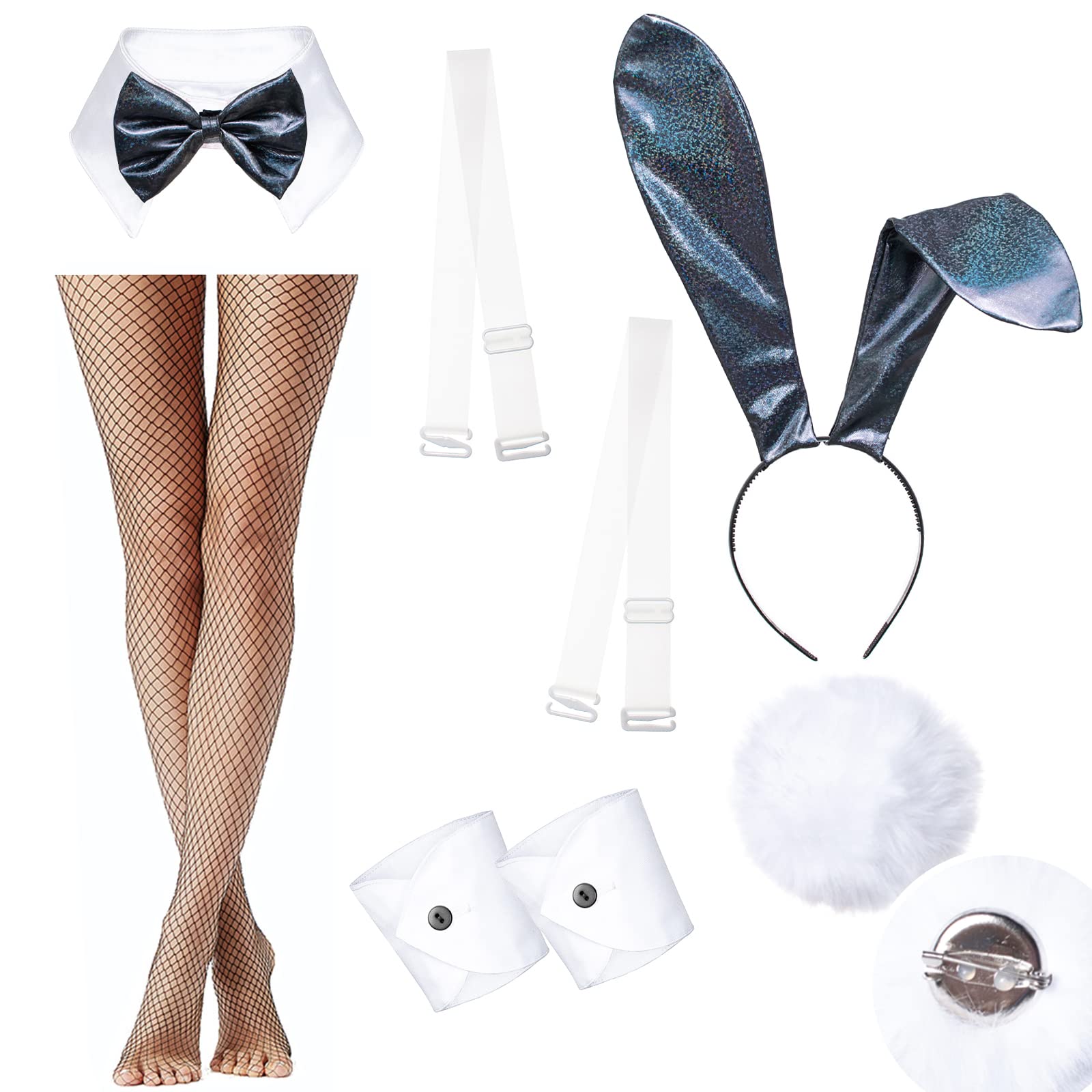 Women's Bunny Costume - Shimmering Holographic Bodysuit with Stockings Set | Anime Cosplay, Senpai Outfit, Party Wear for Halloween & Themed Events