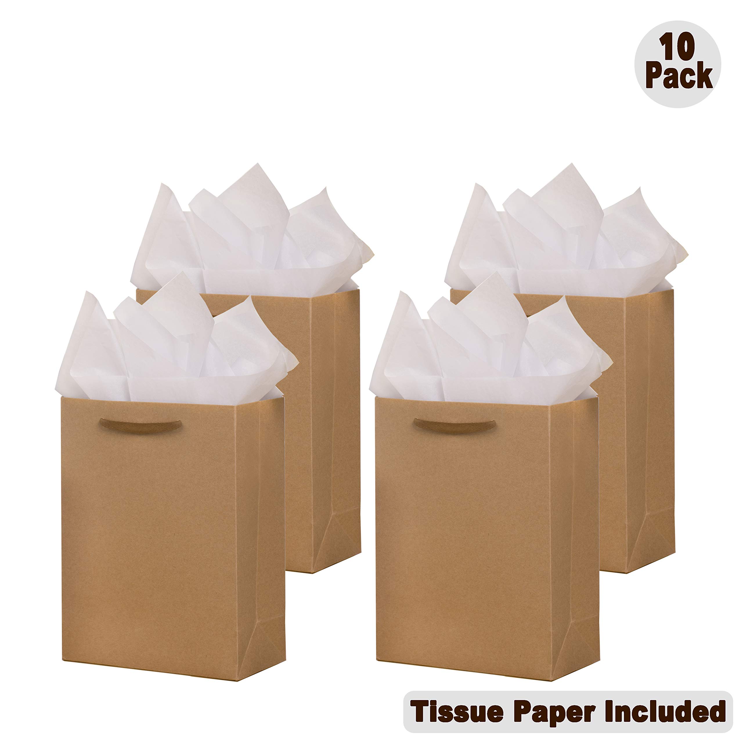SHIPKEY 10-Pack Kraft Paper Bags 8x4x11 Inches - Eco-Friendly Brown Gift Bags with Tissue Paper & Soft Cloth Handles - Perfect for Retail Shopping, Wedding Favors, Birthday Gifts & Party Decorations