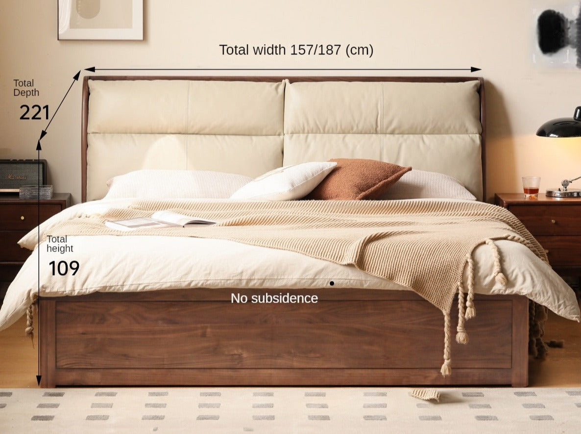 Solid Black Walnut Wood Bed with Genuine Leather Headboard - Luxury Bedroom Furniture for Master Suite, Guest Room & Modern Home Decor