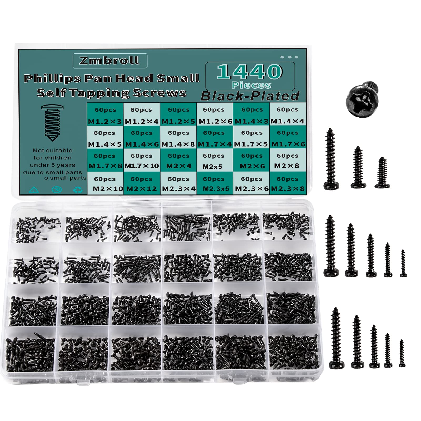 1440Pcs Black Small Self Tapping Screws - M1.2 to M2.3 Phillips Pan Head Micro Screws (24 Size Assortment Kit) for Electronics, DIY Projects, Phone & Laptop Repairs