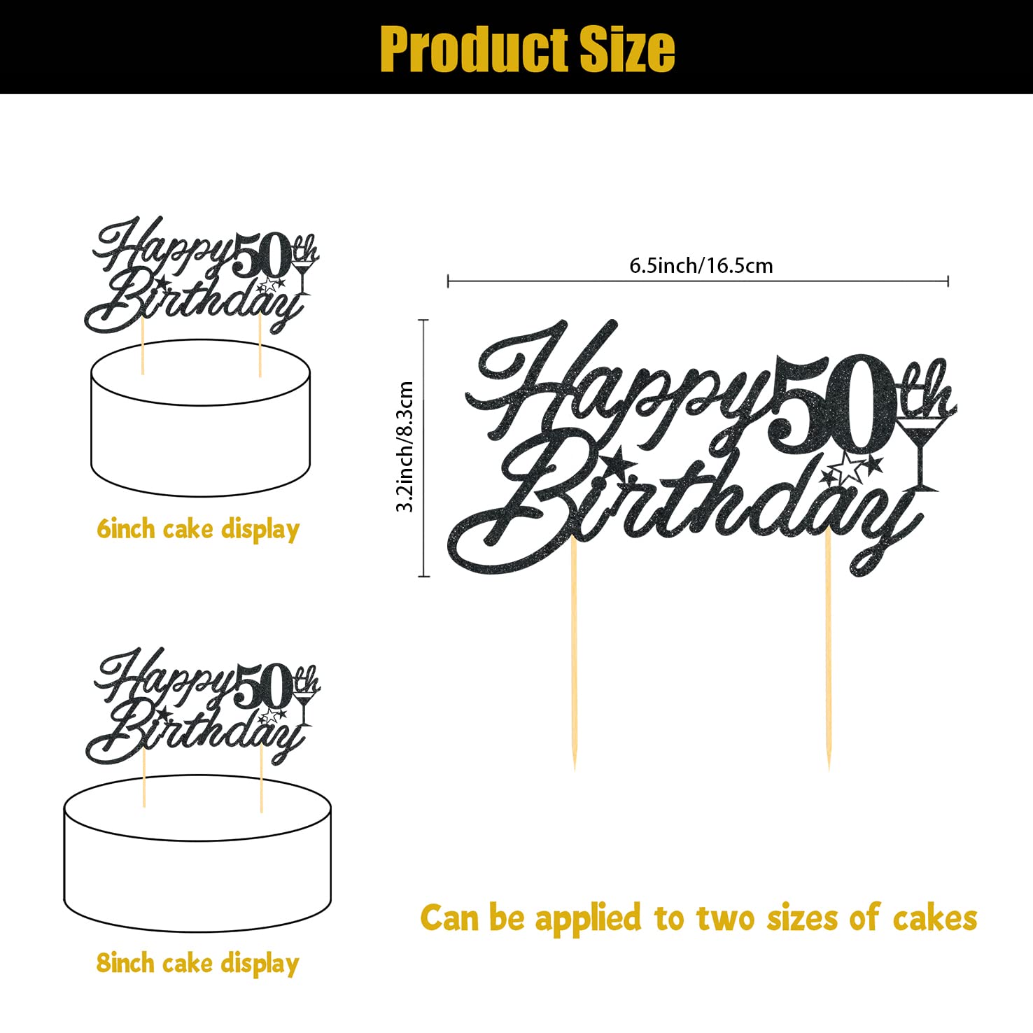50th Birthday Cake Topper - Black Glitter Happy 50th Birthday Decorations for Anniversary & Celebration Parties (6 Inch) - Perfect for Milestone Birthday Cakes, Retirement Parties & Golden Anniversary Decor