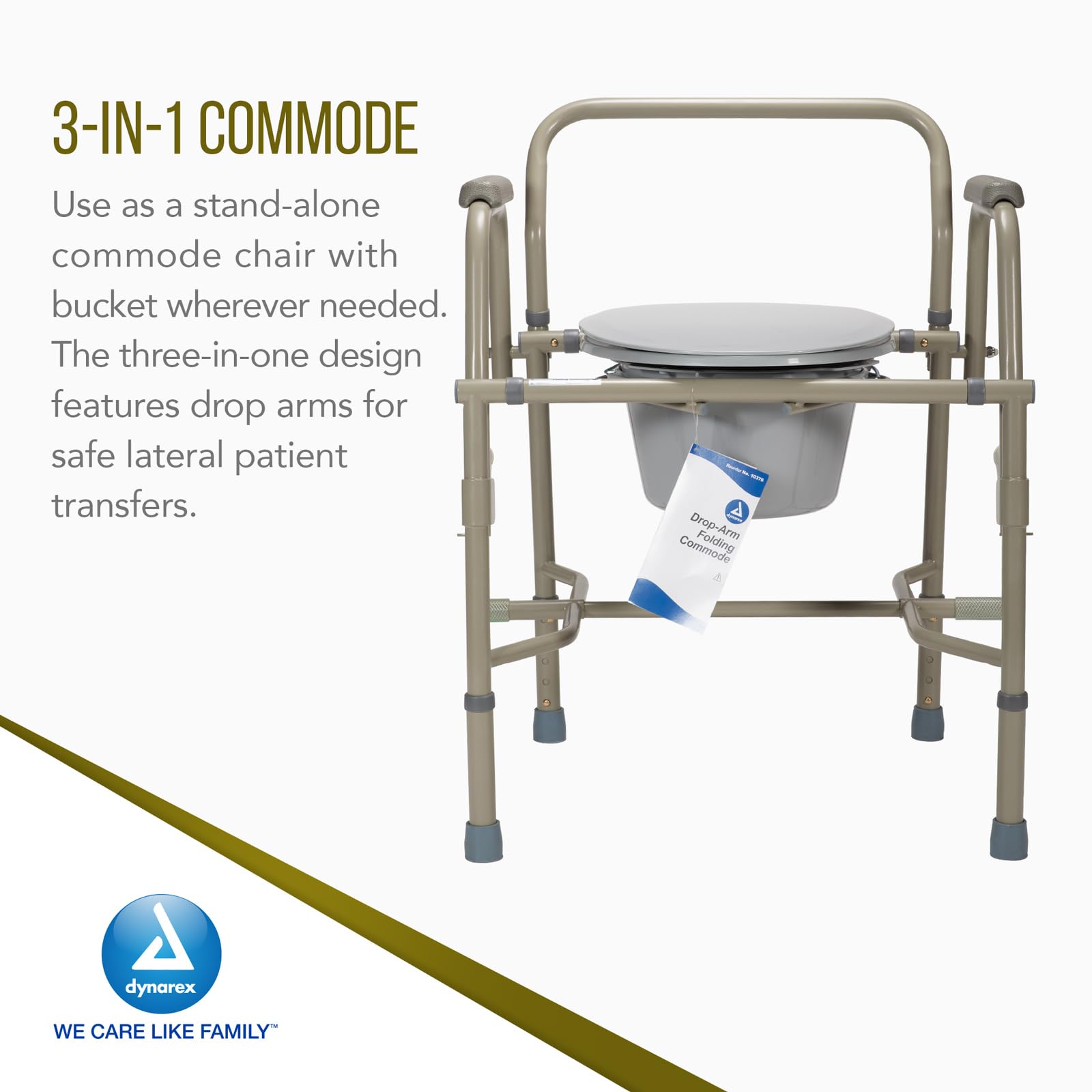 Dynarex Drop-Arm Folding Commode - 3-in-1 Portable Toilet with Safety Drop Arms, Free Standing, Grey | Ideal for Elderly Care, Home Healthcare & Travel Use