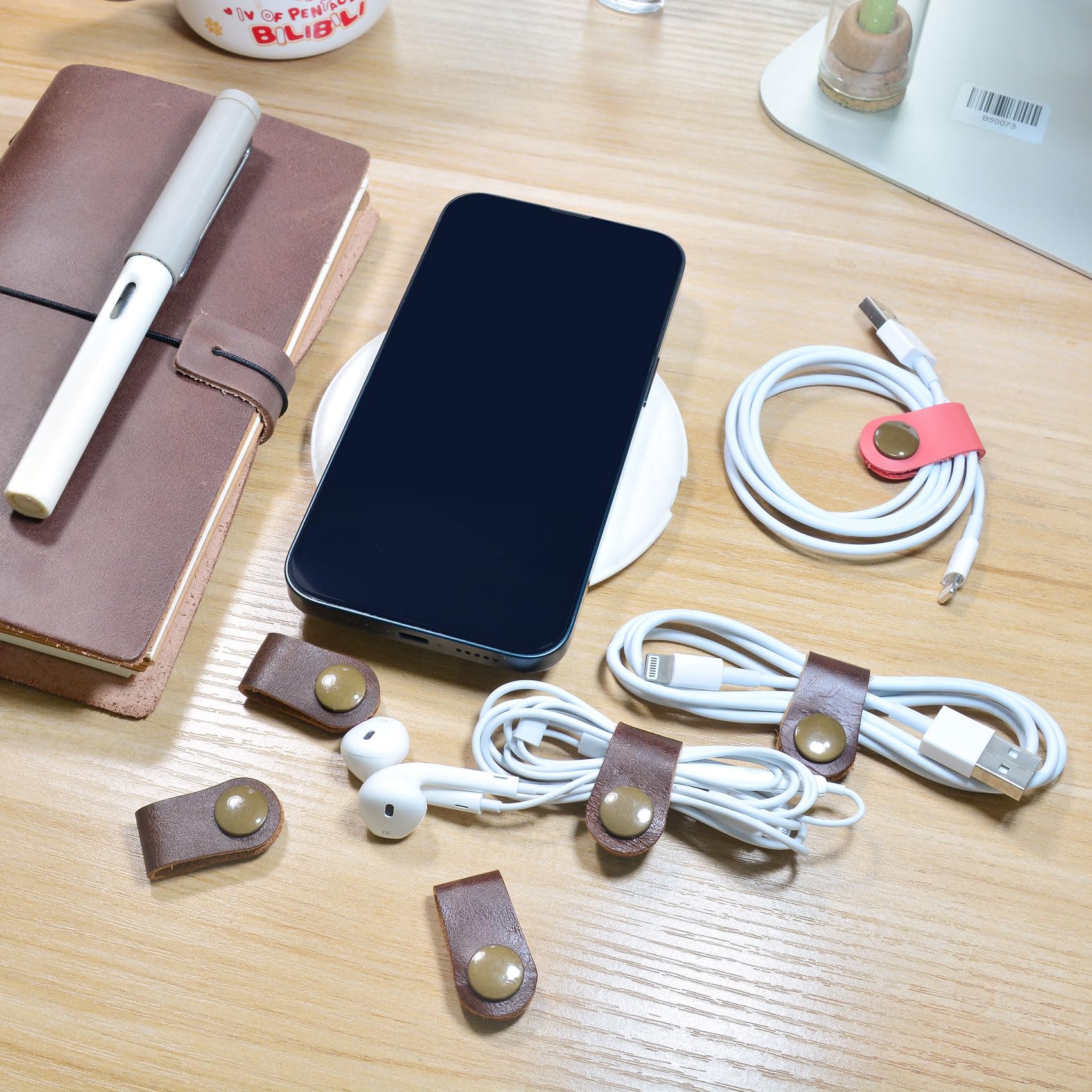 CAILLU 10-Pack Brown Cable Organizer - USB Cord Holder, Earphone Winder, Cable Management Straps for Phone, Earbuds, Headphones - Perfect Stocking Stuffer Gift for Men & Office/Home Organization