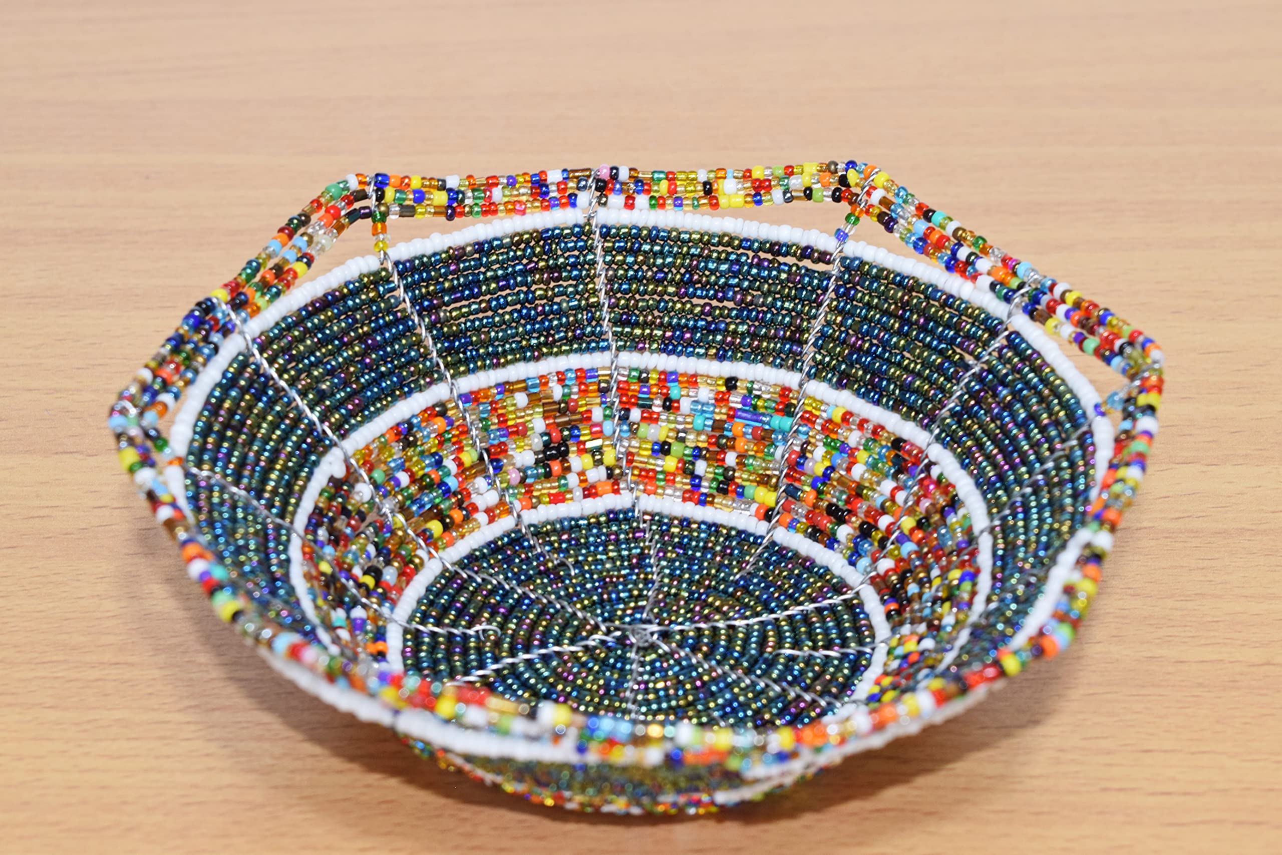 Handmade African Beaded Wire Bowl - Authentic Maasai Jewelry Tray - 6 Inch Kenyan Artisan Craft - Metallic Green Home Decor for Jewelry Storage & Boho Table Centerpiece