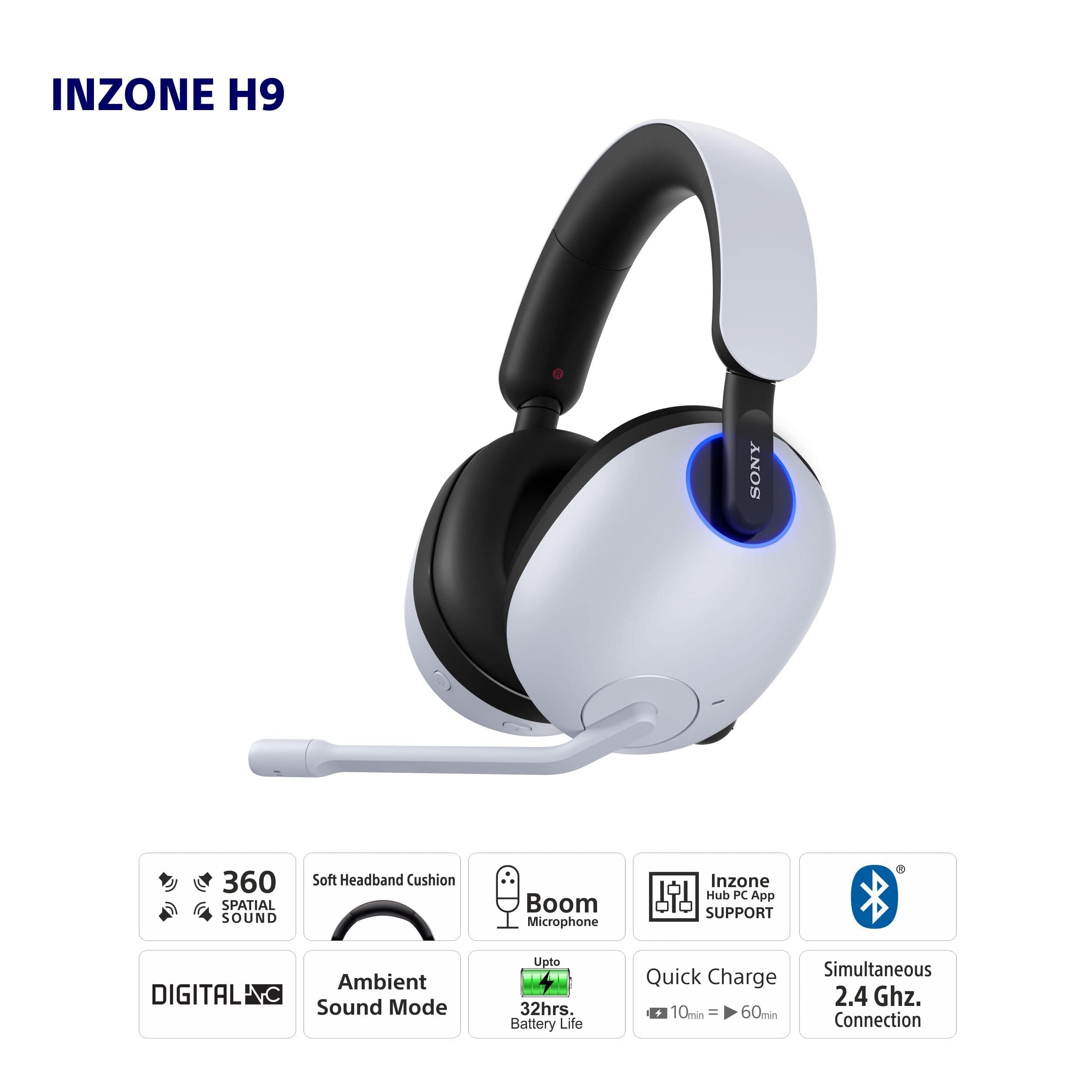 Sony INZONE H9 Wireless Gaming Headset with Active Noise Cancellation, Bluetooth 5.0, Built-in Mic, 360 Spatial Sound for PC & PS5 (WH-G900N) - White - Perfect for Competitive Gaming, Streaming and Immersive Playstation 5 Experiences
