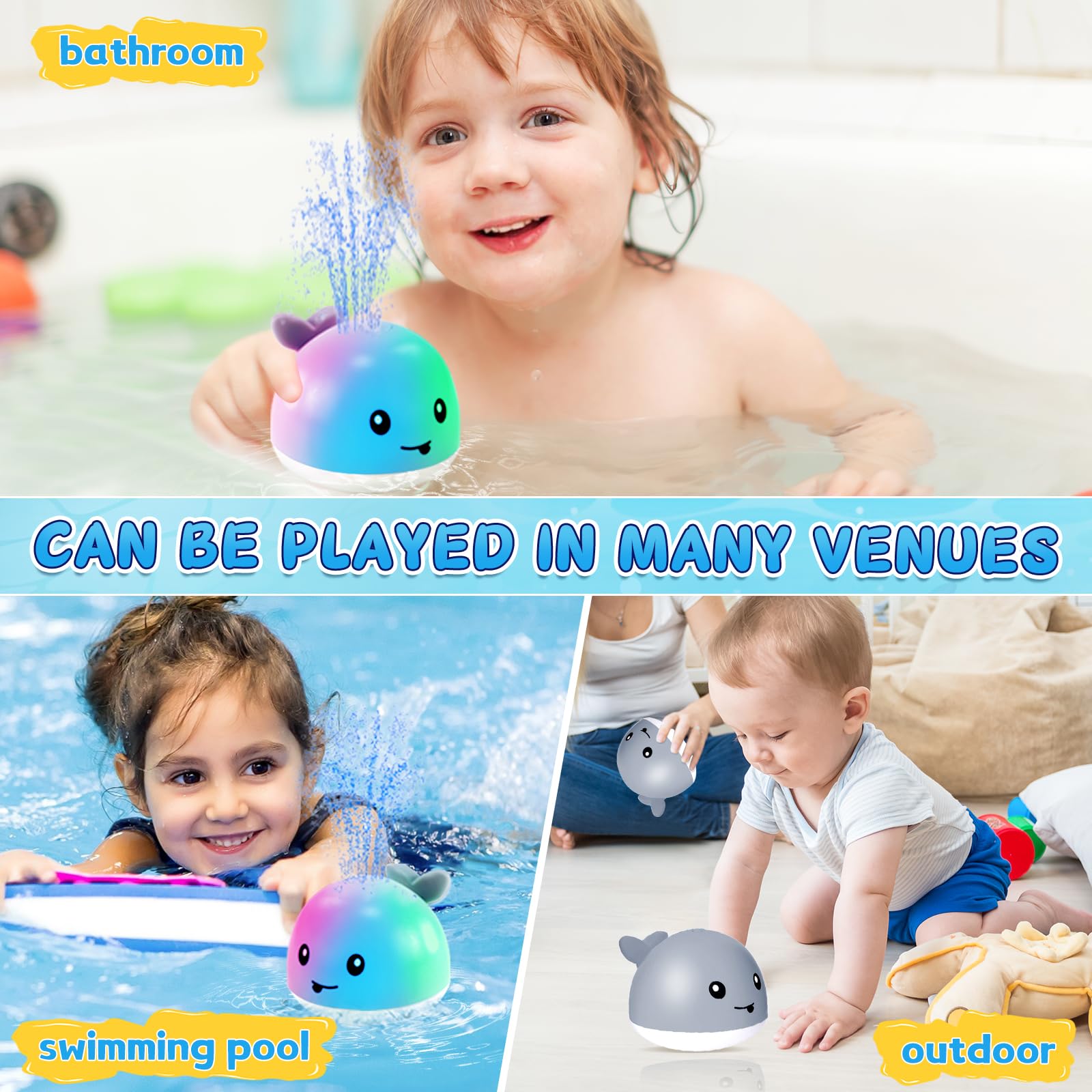 Rechargeable Light Up Baby Bath Toys with Water Spray - Fun Sprinkler Bathtub Toys for Toddlers, Kids, Boys & Girls - Perfect for Pool, Bath Time & Sensory Play (Grey)