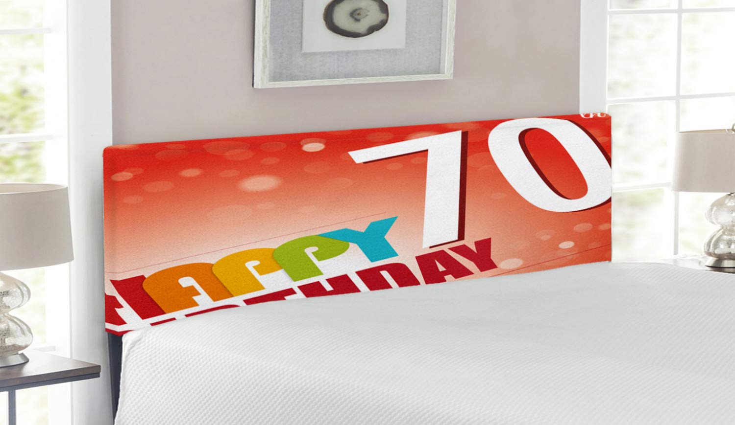 Ambesonne 70th Birthday Headboard - Vibrant Abstract Party Design with 'Happy Birthday' Print, Upholstered Metal Bed Frame with Memory Foam, Queen Size in Red & Orange - Perfect for Birthday Celebrations & Bedroom Decor