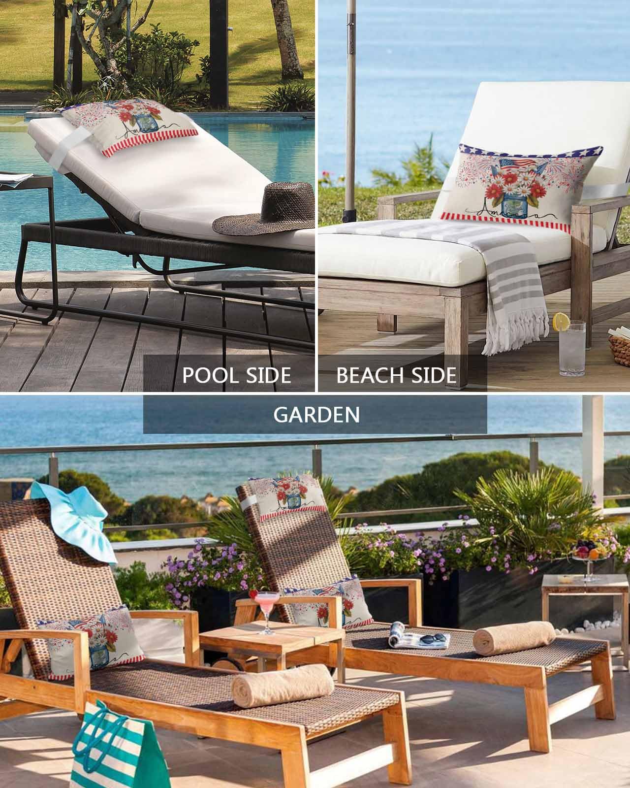 Red White and Blue Patriotic Throw Pillows - Waterproof Outdoor Pillows for Recliner, Pool, Beach & Patio - 11x16 Inch July 4th Decor with Elastic Band (Pack of 2) - Perfect for Independence Day, Memorial Day, Summer Outdoor Relaxation