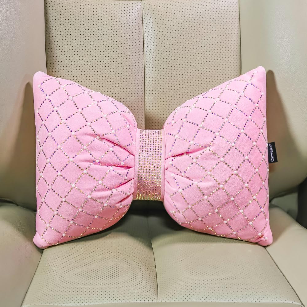 Pink Rhinestone Bow Lumbar Support Pillow - Car Seat & Home Decor Cushion for Women (1 Pack) | Perfect for Office Chairs, Sofas, and Long Drives