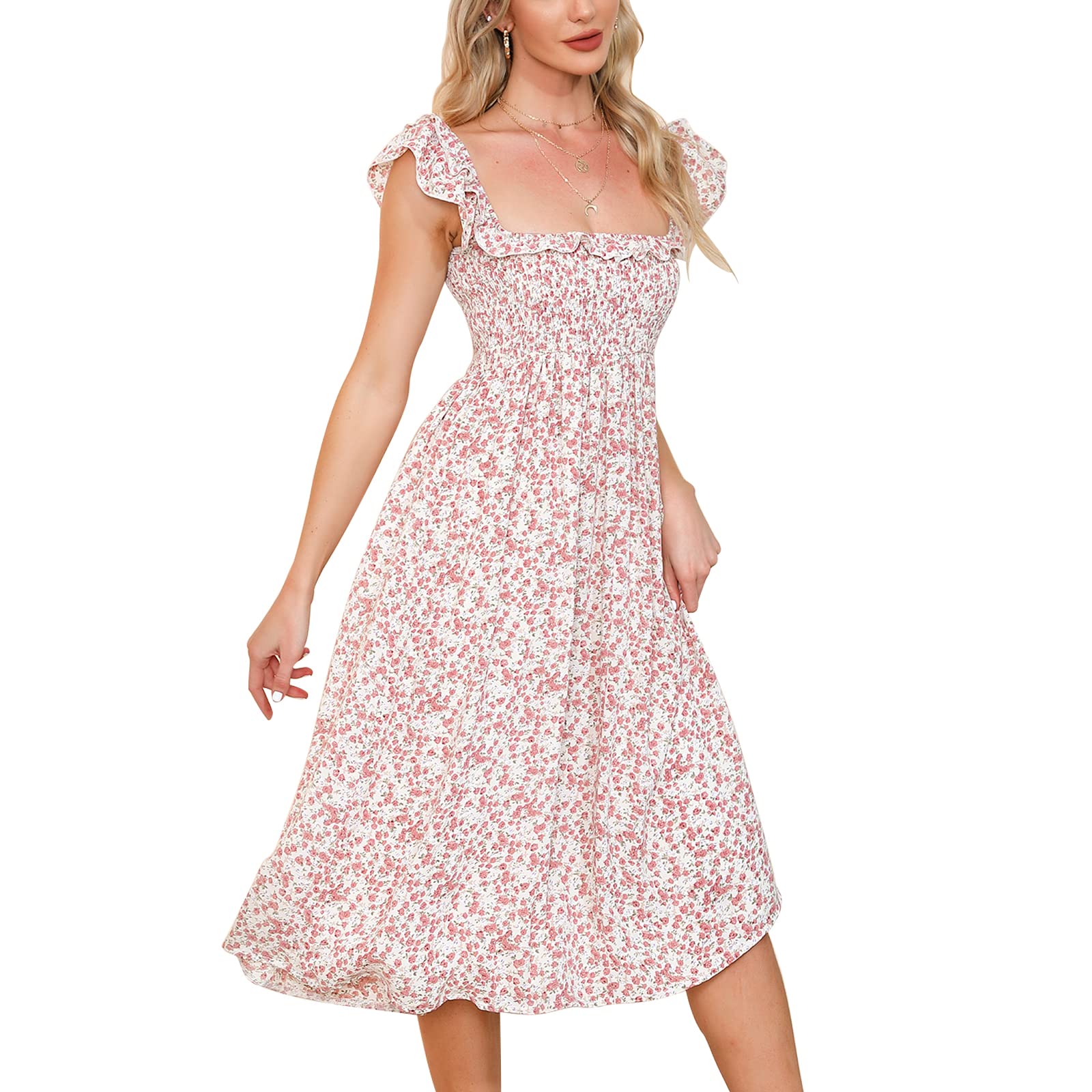 EXLURA Women's Floral Print Sleeveless Square Neck A-Line Midi Dress with High Waist & Backless Smocked Design - Perfect for Summer Parties, Beach Vacations and Casual Outings