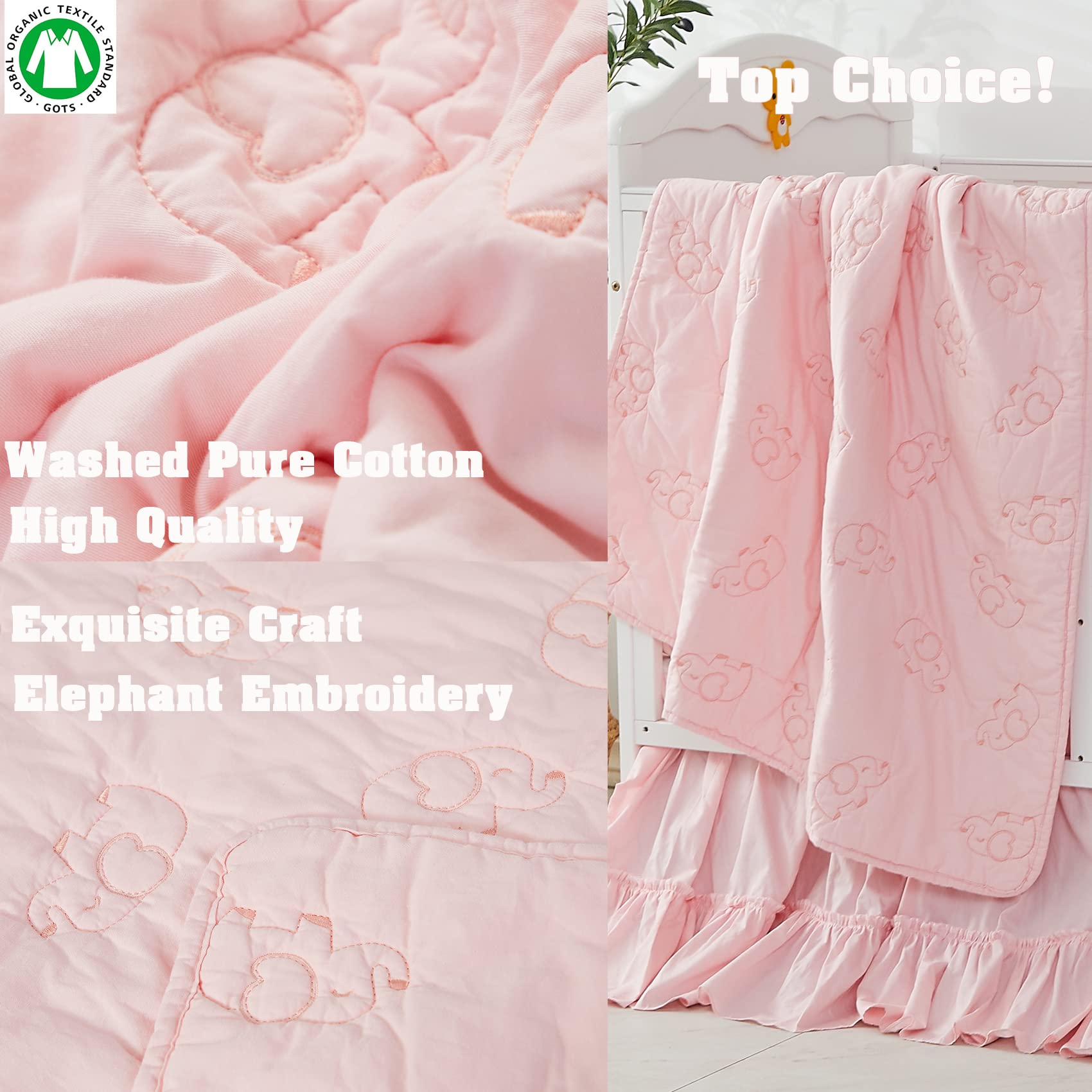 Brandream Girls Nursery Bedding Set - 3 Piece Embroidered Elephant Crib Set, Chic Sweet Pink Farmhouse Style, 100% Cotton Baby Quilt - Perfect for Newborns, Toddlers & Nursery Decor