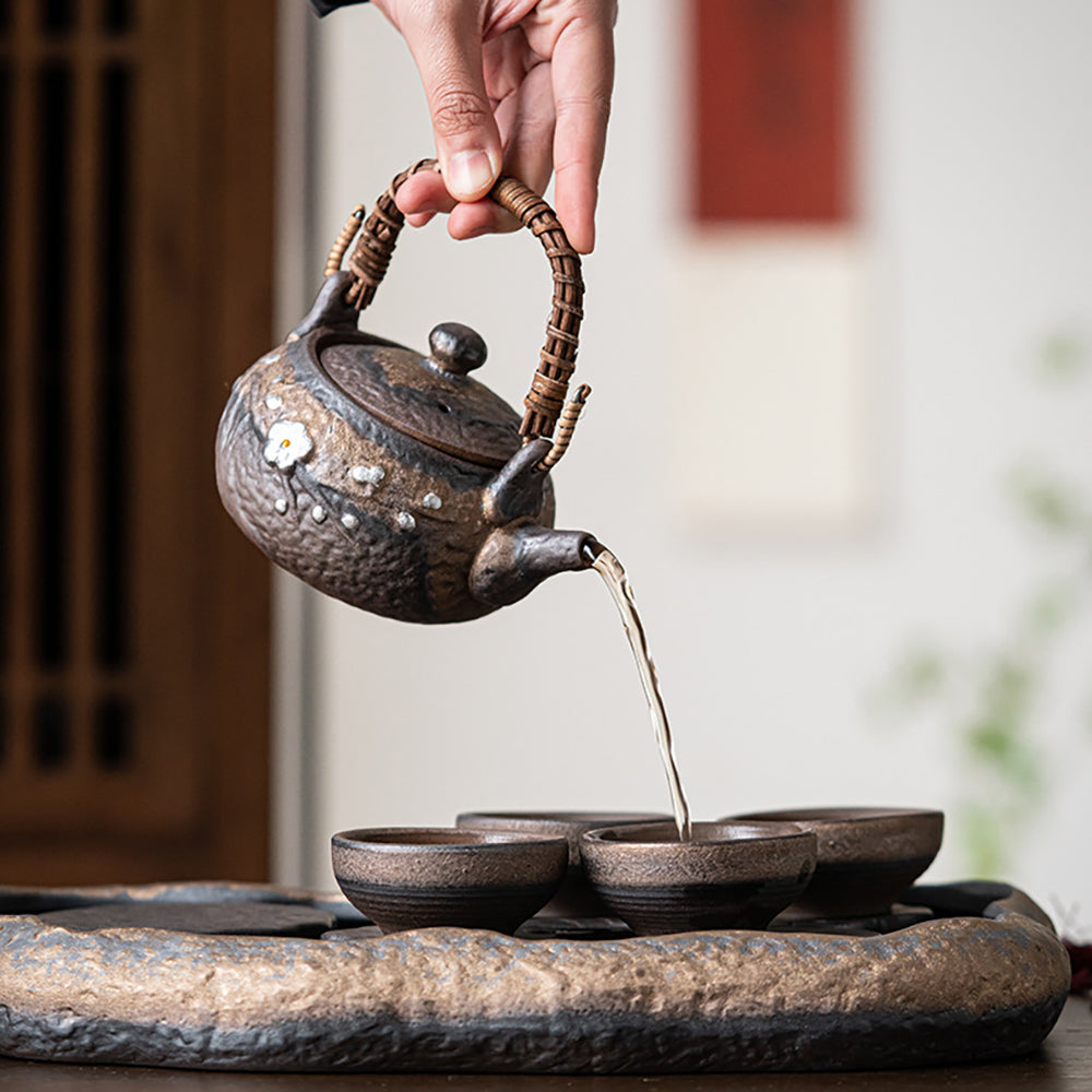 Handmade Stone Pottery Lotus Lake Tea Set - Ceramic Tea Cup & Teapot Gift Set for Home, Office & Meditation Use