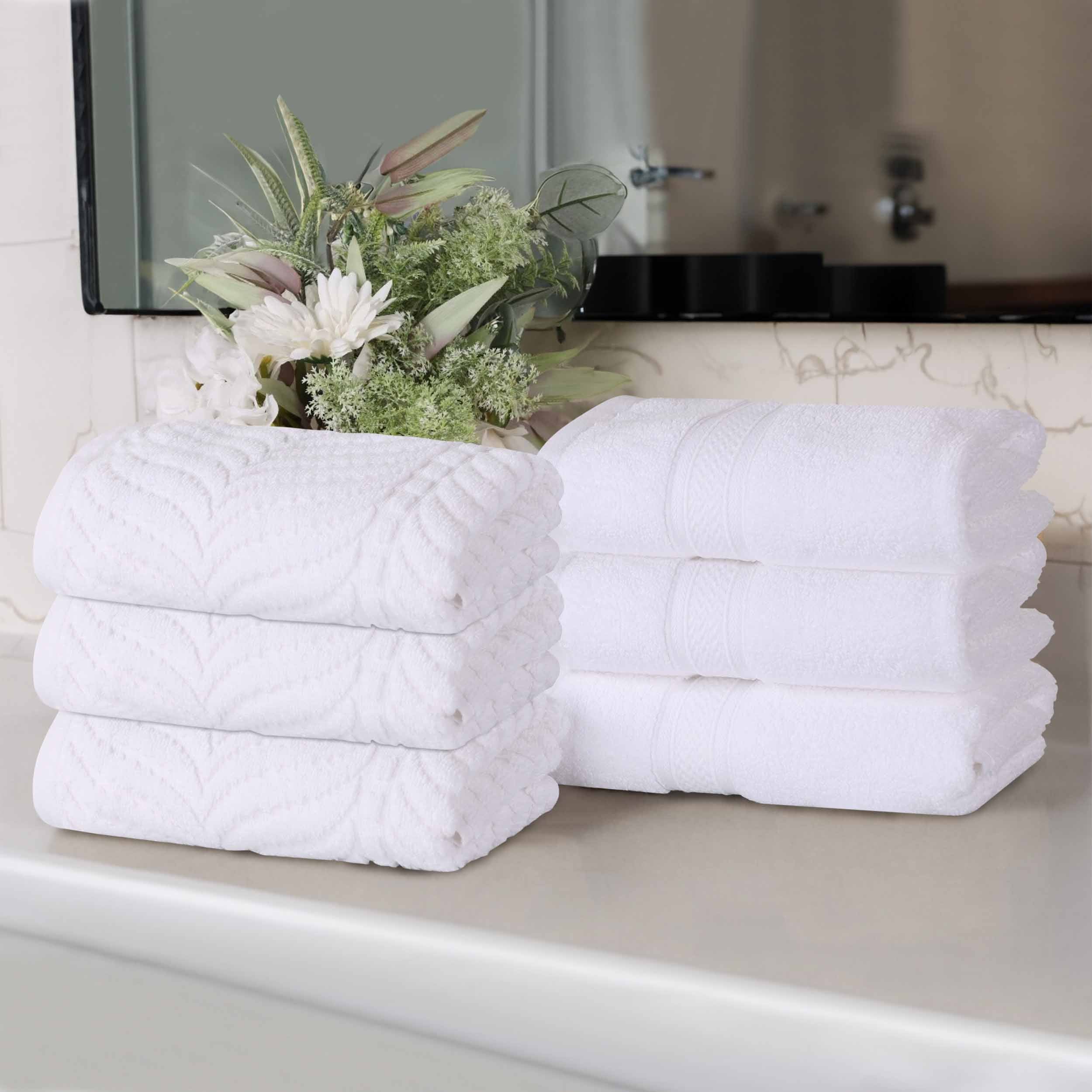 Premium 100% Zero Twist Cotton Hand Towels Set of 6 - Soft & Absorbent Solid & Jacquard Chevron Design - Perfect for Bathroom, Kitchen, Guest House & Spa Decor