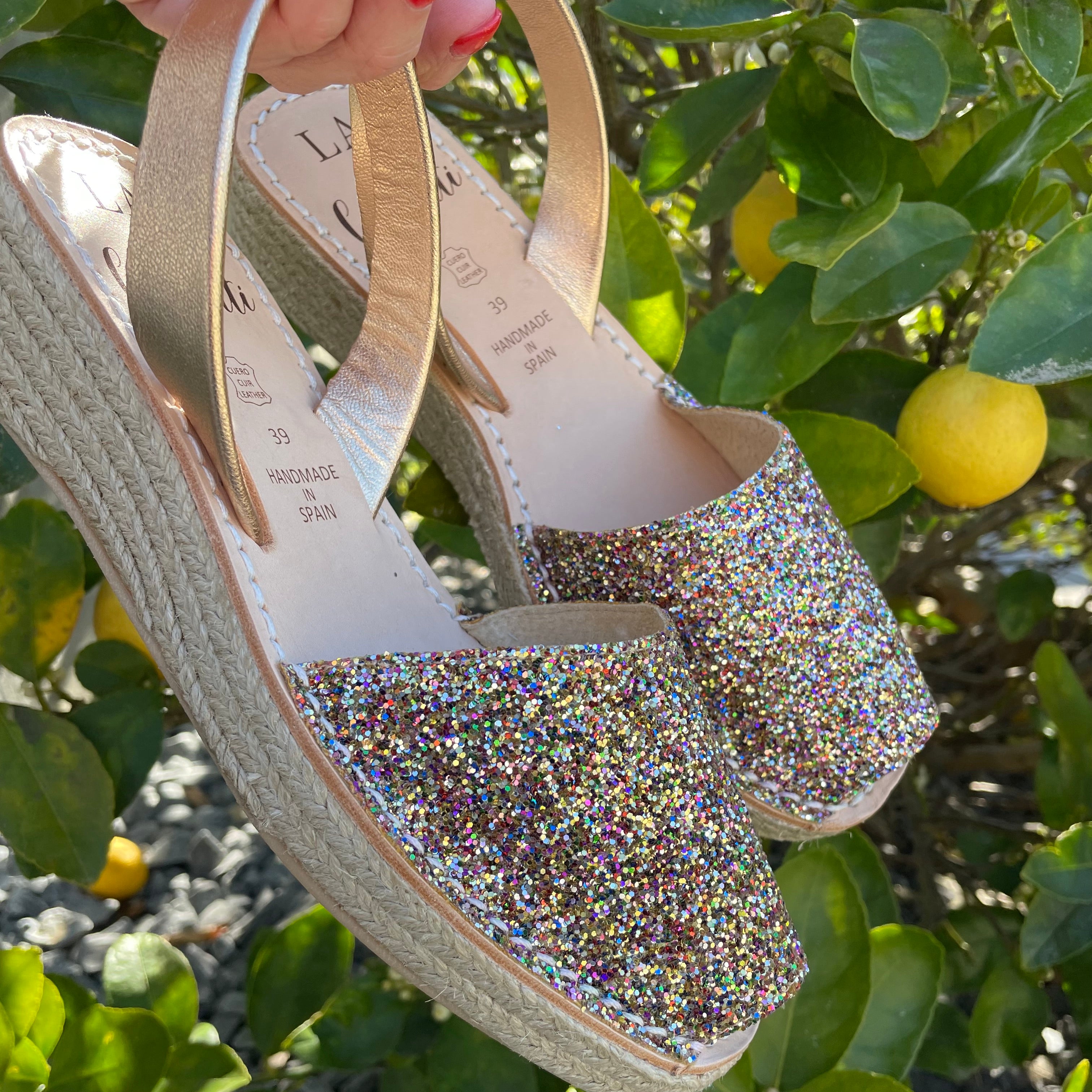 LA x Confetti Mini Jute Wedge Sandals - Multi Gold Glitter Women's Summer Shoes for Beach, Pool, and Outdoor Parties