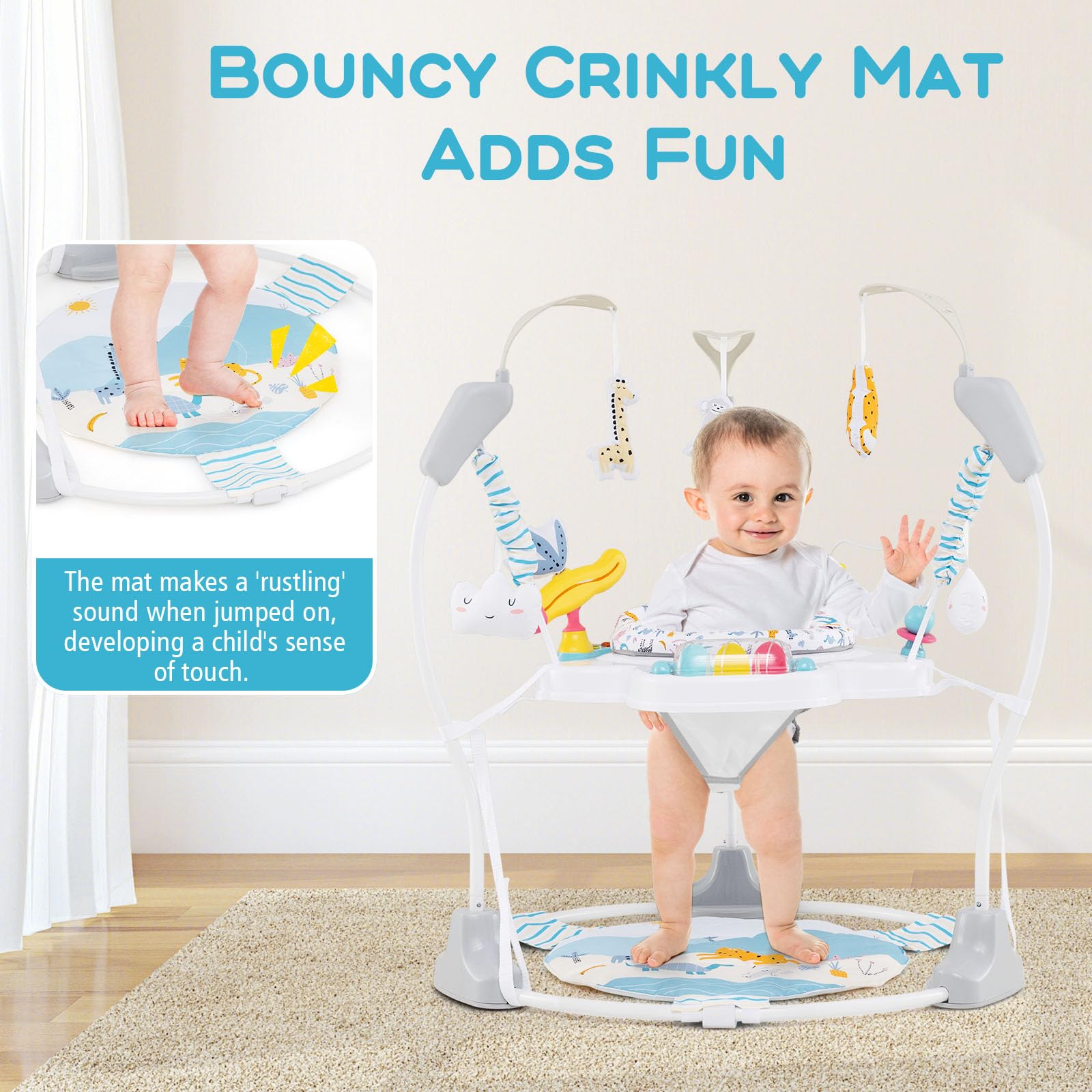 INFANS 3-in-1 Baby Activity Center - Interactive Play Gym with Music, Lights & 360° Rotating Seat | Adjustable Height Jumpers & Bouncers for Infants 6-12 Months | Learning Toys for Crawling & Early Development (Blue) - Perfect for Playtime, Sensory Stimulation & Motor Skills Growth