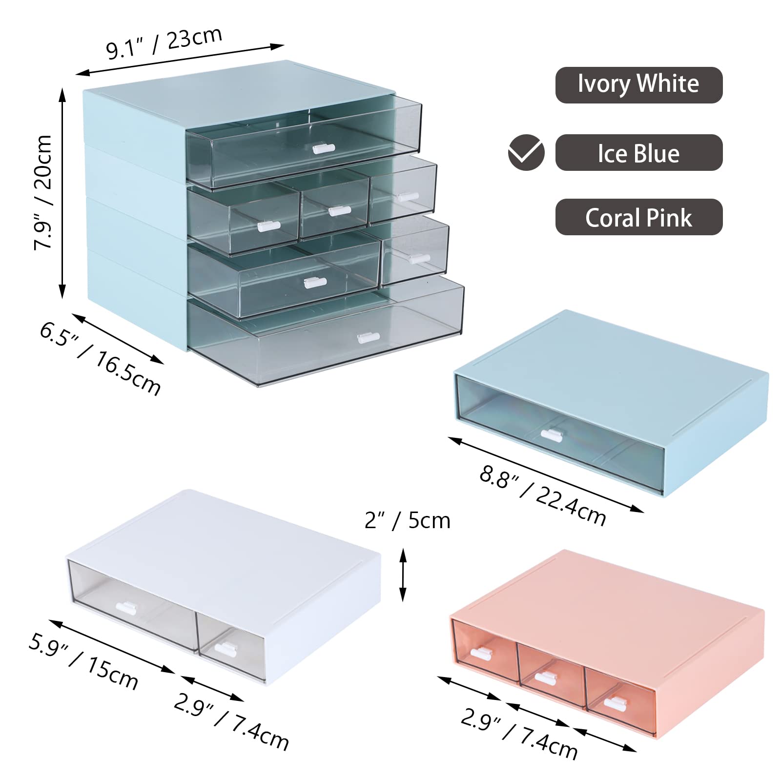 7-Drawer Stackable Plastic Desk Organizer for Office Supplies, Makeup & Skincare Storage - Blue | Workspace & Bathroom Organization Solution