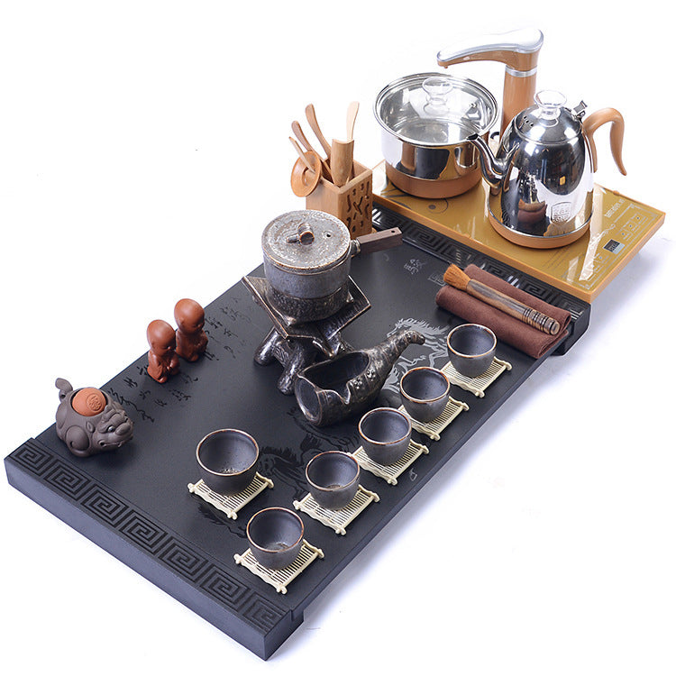 Premium Stone Mill Tea Set with Black Gold Stone Tea Tray - Elegant Chinese Tea Ceremony Set for Home, Office & Gifting