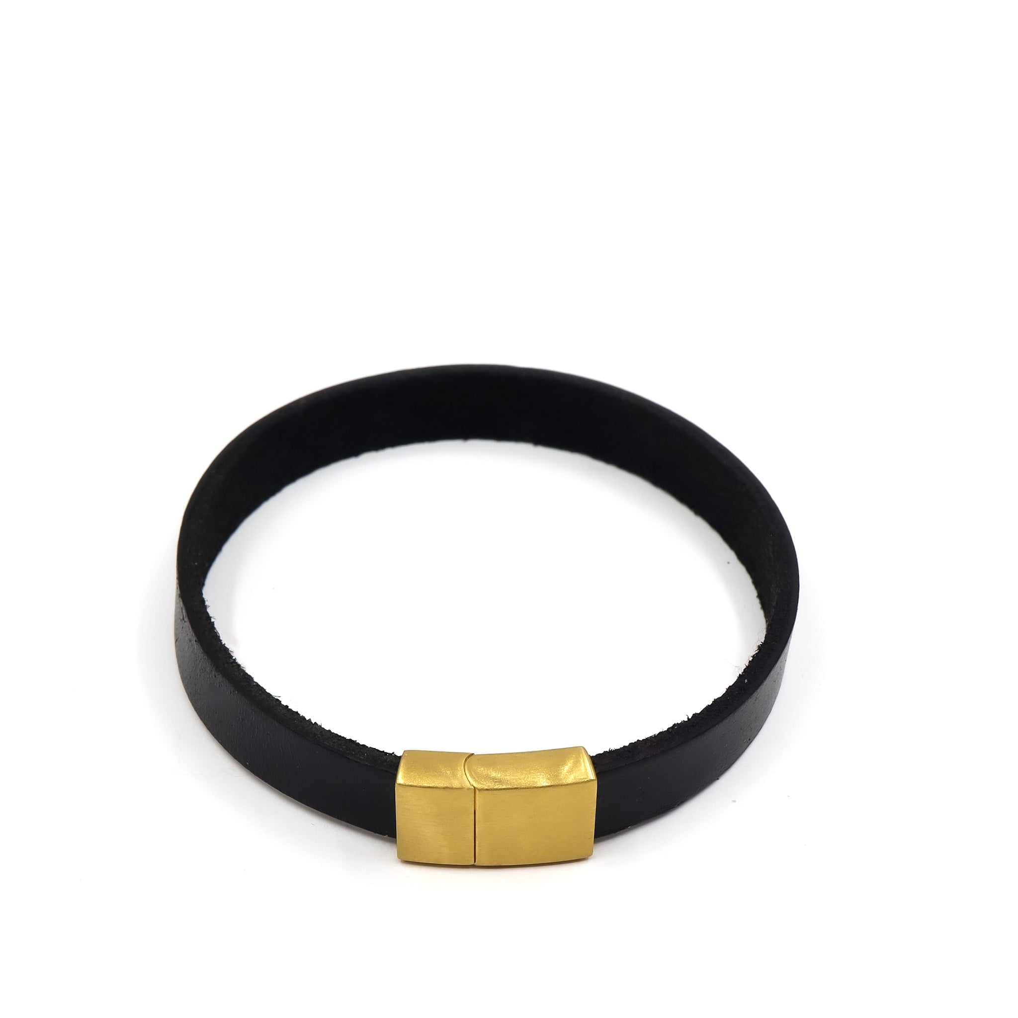 ROMALI Flat Black Leather Matte Gold Magnetic Bracelet for Women - Stylish Adjustable Cuff Bangle for Everyday Wear, Gift & Fashion Accessories